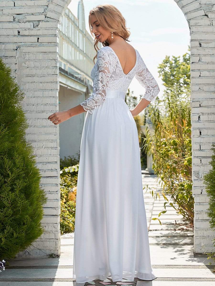 Color=White | Simple Casual Lace & Chiffon Wedding Dress For Bridal-White 9