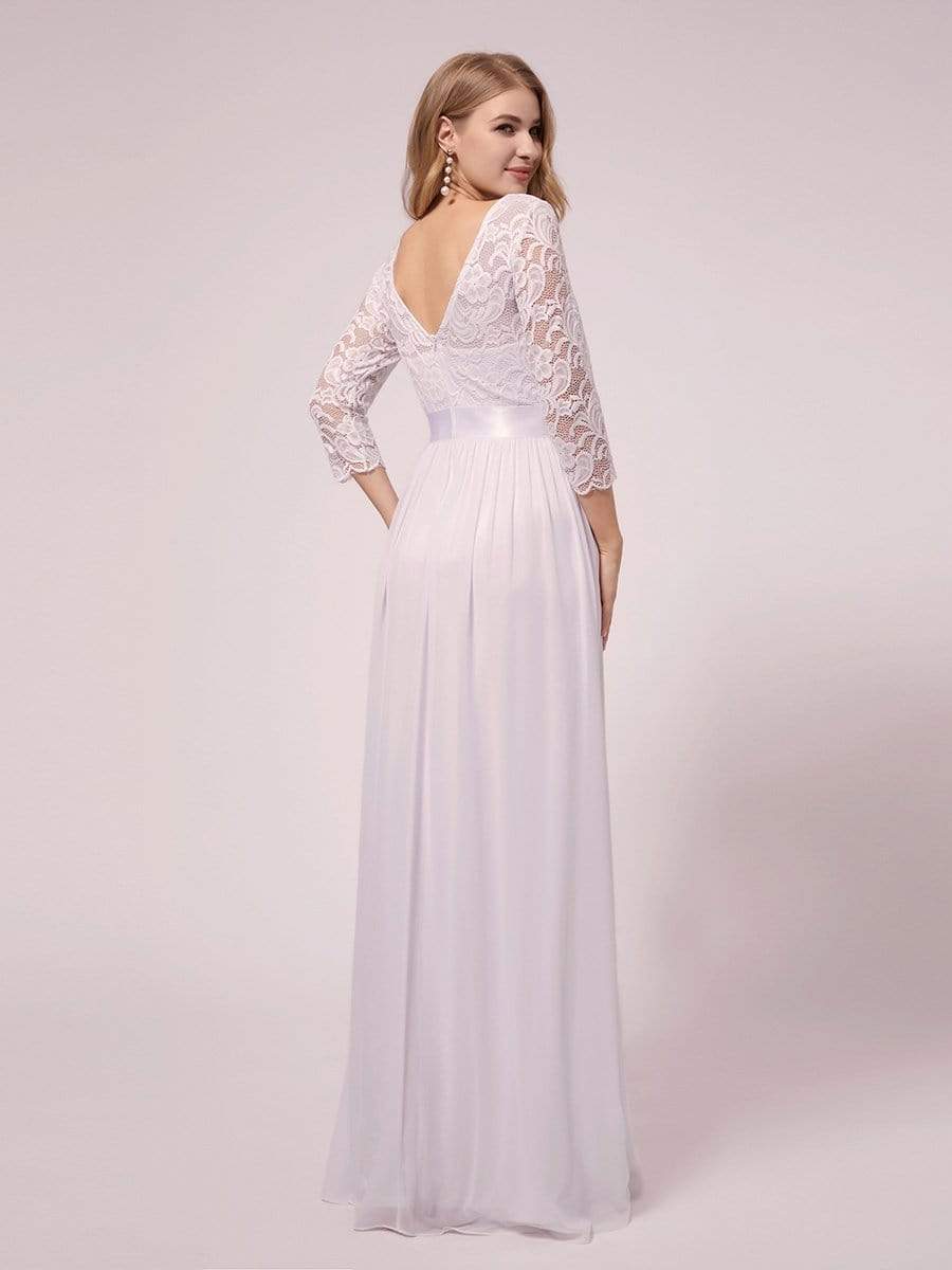 Color=White | See-Through Floor Length Lace Dress With Half Sleeve-White 1 Color=White | See-Through Floor Length Lace Dress With Half Sleeve-White 1