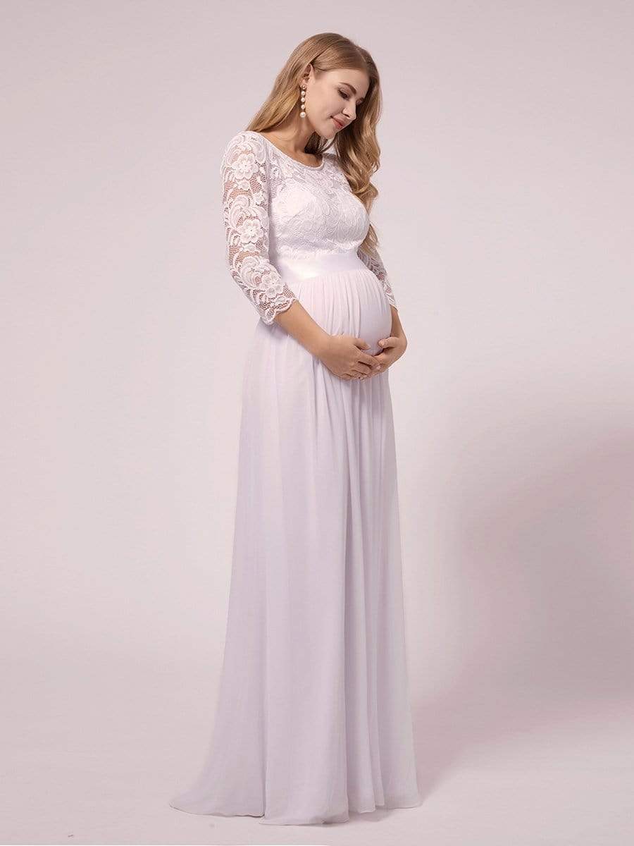 Color=White | See-Through Floor Length Lace Dress With Half Sleeve-White 2 Color=White | See-Through Floor Length Lace Dress With Half Sleeve-White 2