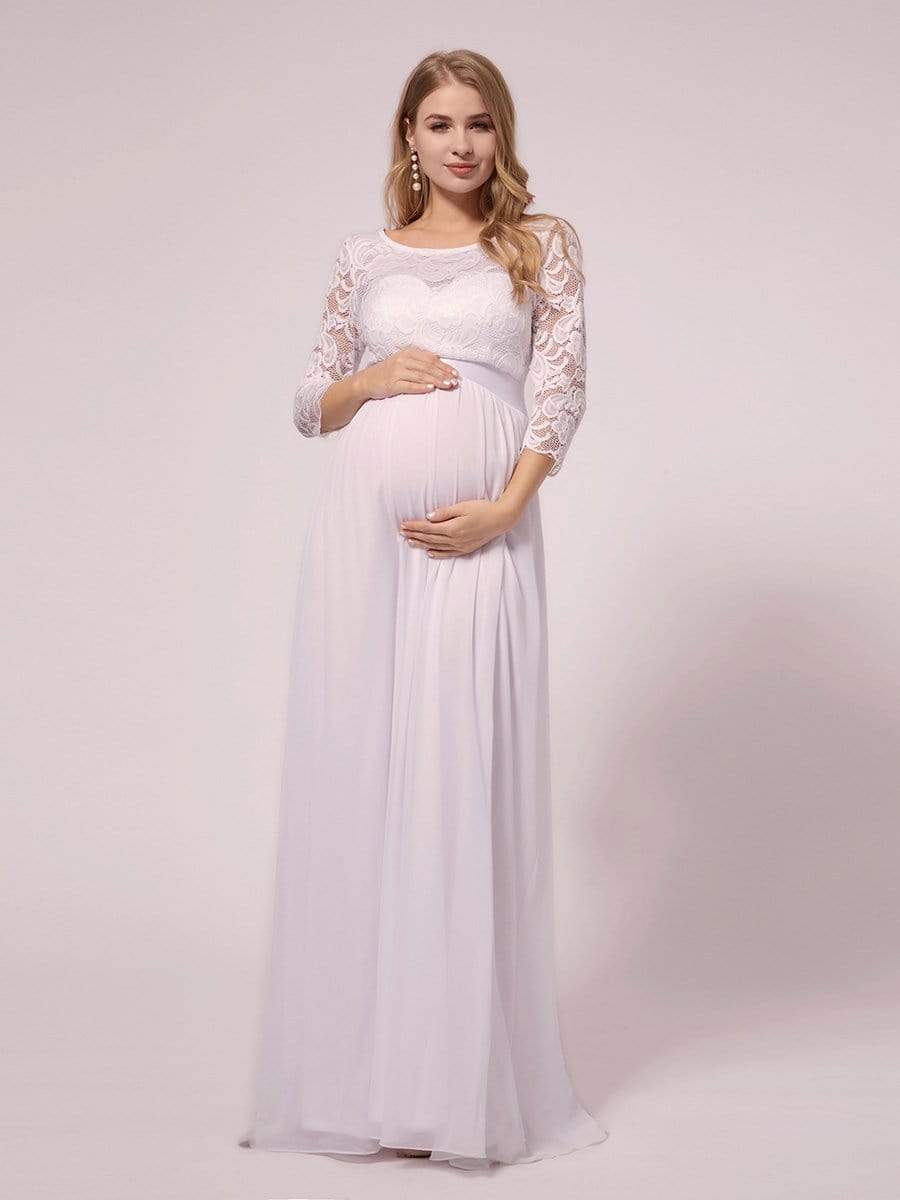 Color=White | See-Through Floor Length Lace Evening Dress With Half Sleeve-White 8