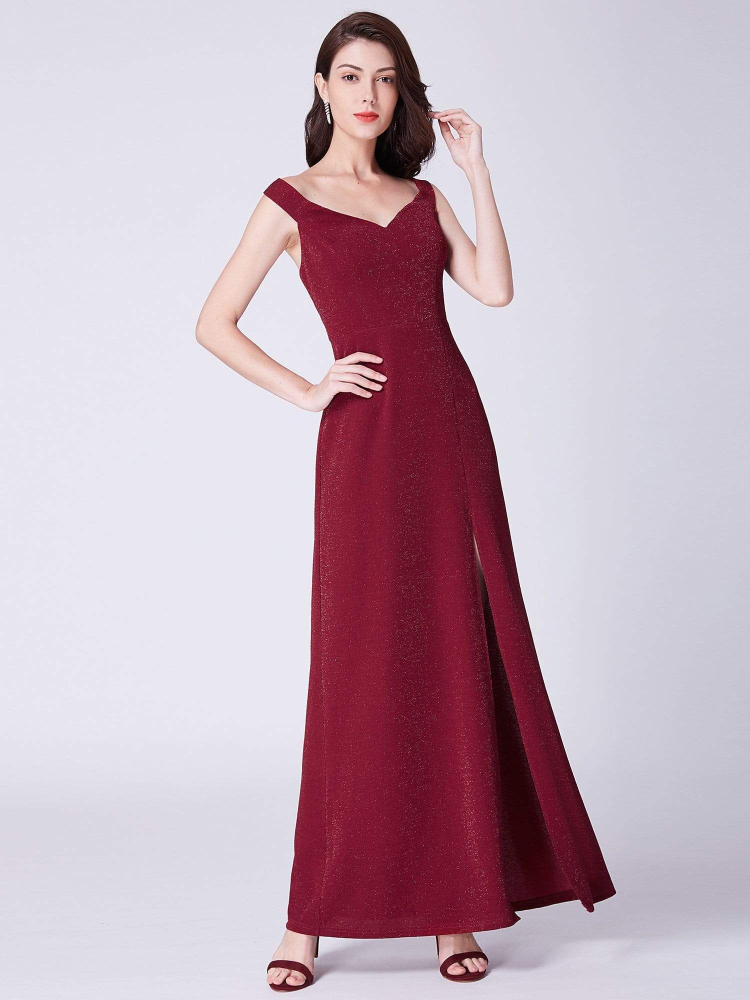 Color=Burgundy | Long Shimmery Off Shoulder Evening Dress-Burgundy 4 Color=Burgundy | Long Shimmery Off Shoulder Evening Dress-Burgundy 4
