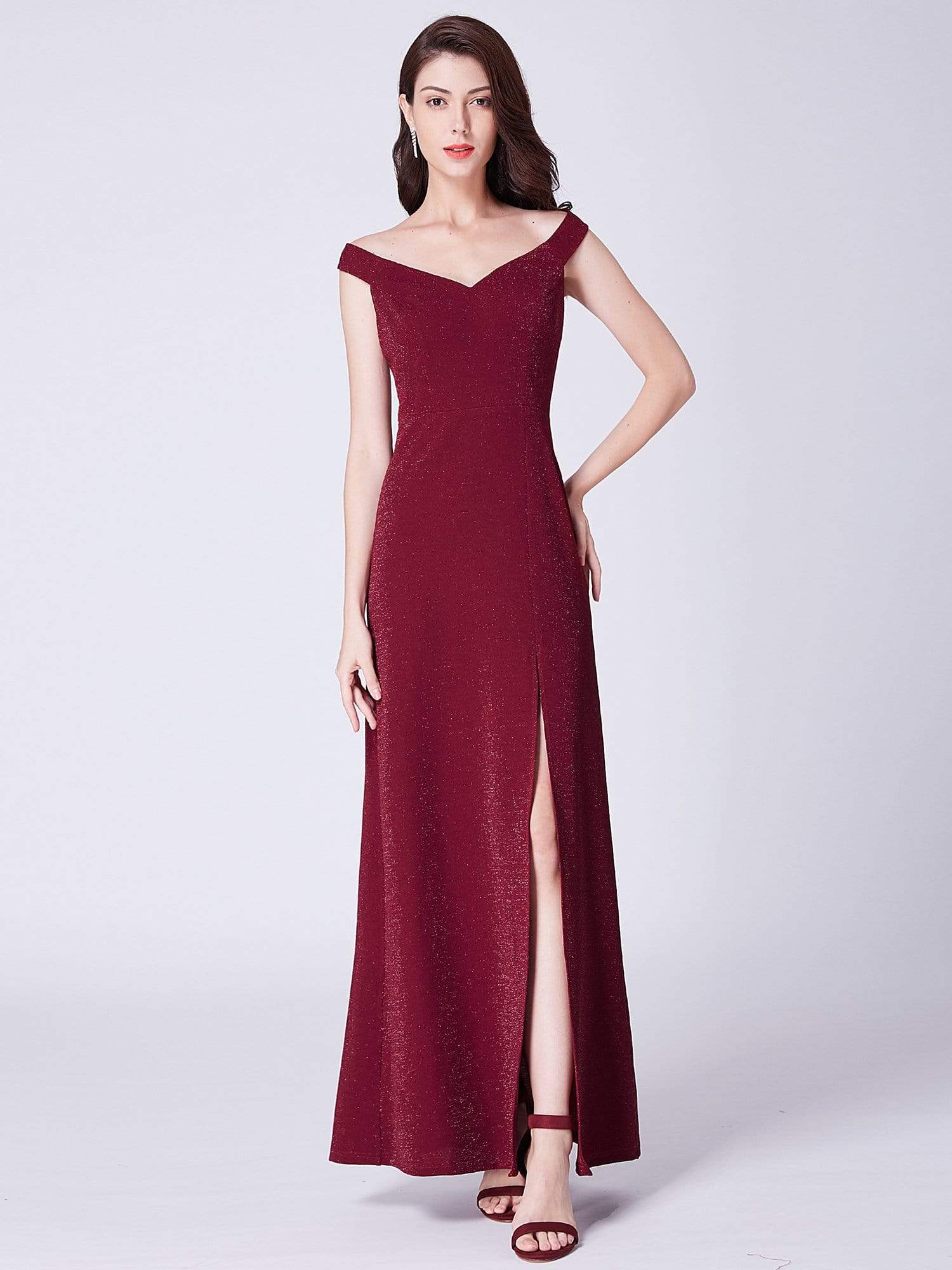 Color=Burgundy | Long Shimmery Off Shoulder Evening Dress-Burgundy 1 Color=Burgundy | Long Shimmery Off Shoulder Evening Dress-Burgundy 1