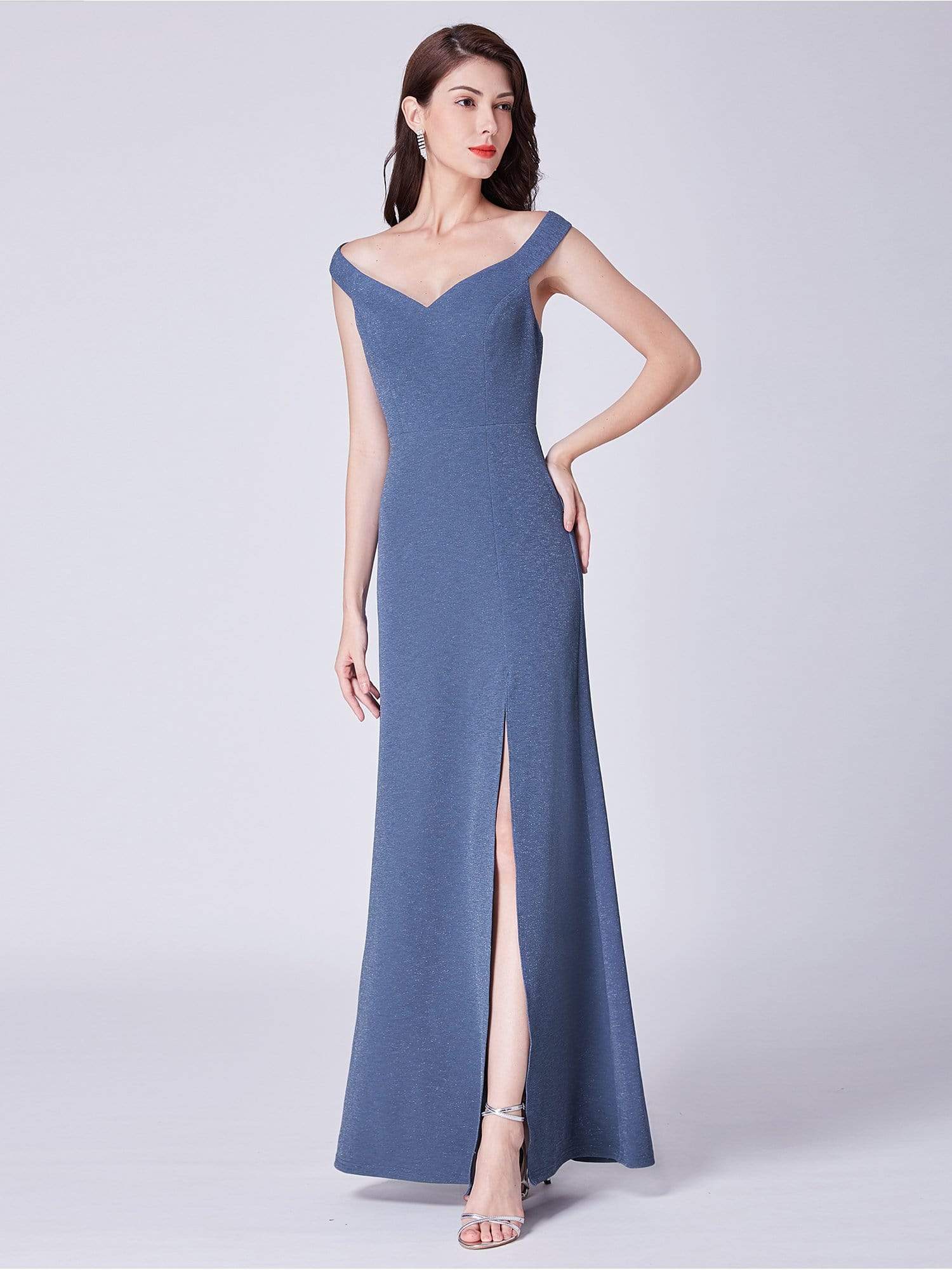 Color=Dusty Navy | Long Shimmery Off Shoulder Evening Dress-Dusty Navy 1 Color=Dusty Navy | Long Shimmery Off Shoulder Evening Dress-Dusty Navy 1