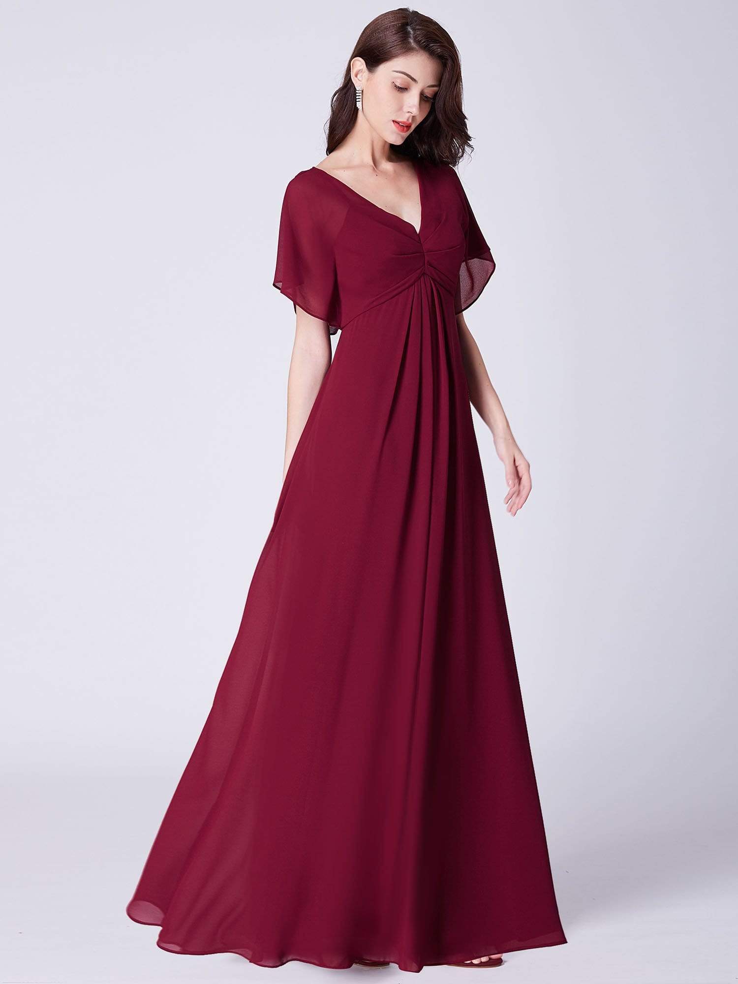 Color=Burgundy | Long Modest V Neck Evening Dress-Burgundy 4 Color=Burgundy | Long Modest V Neck Evening Dress-Burgundy 4