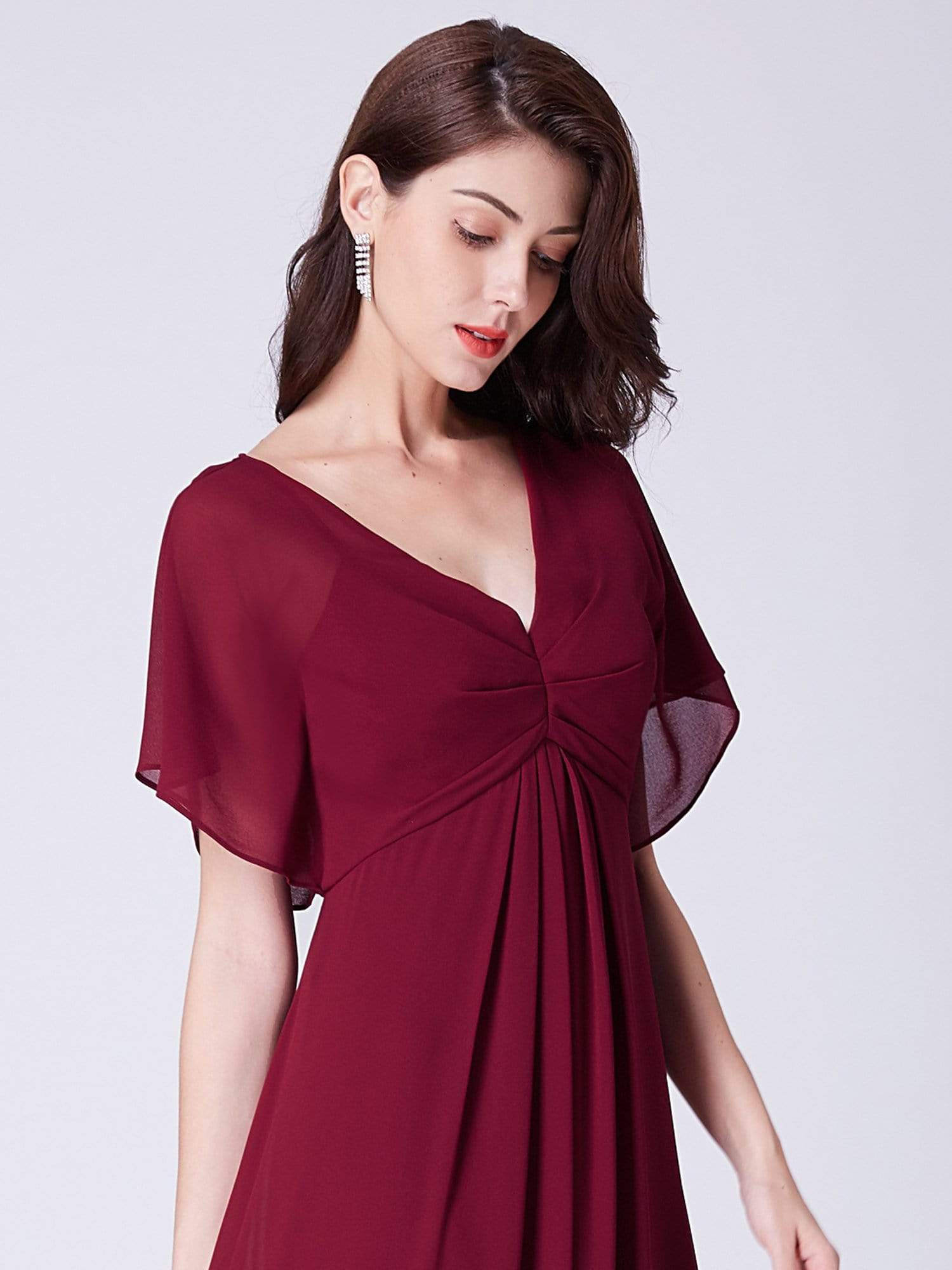 Color=Burgundy | Long Modest V Neck Evening Dress-Burgundy 6 Color=Burgundy | Long Modest V Neck Evening Dress-Burgundy 6