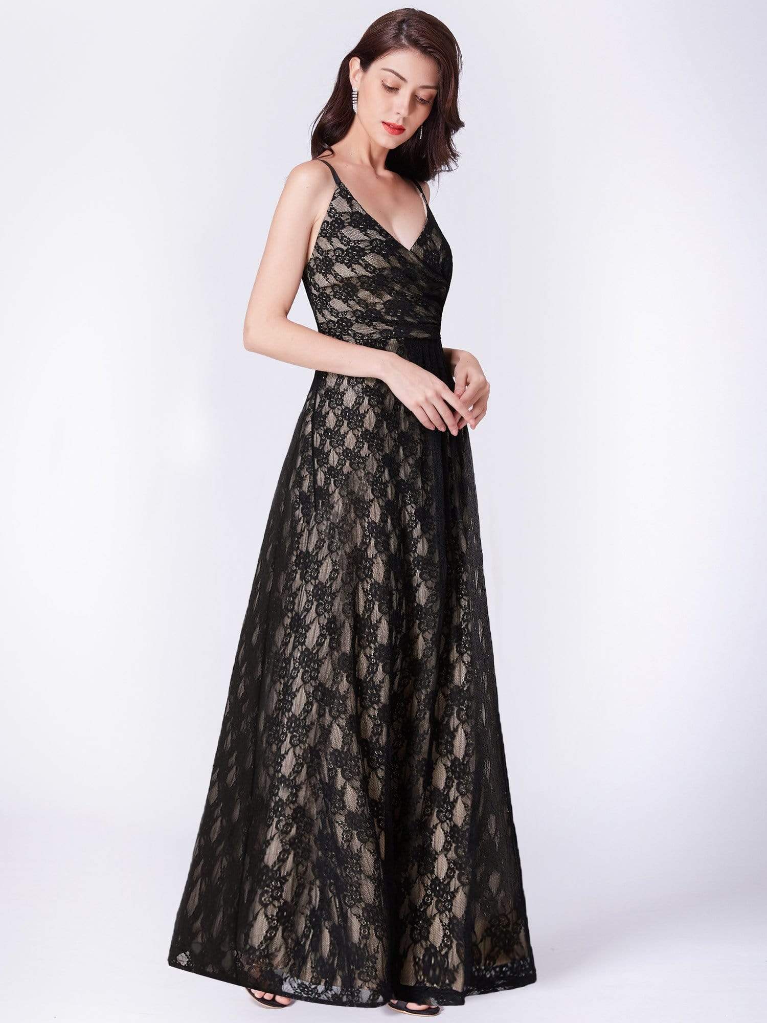 Color=Black | Floor Length Black Lace Evening Dress-Black 5