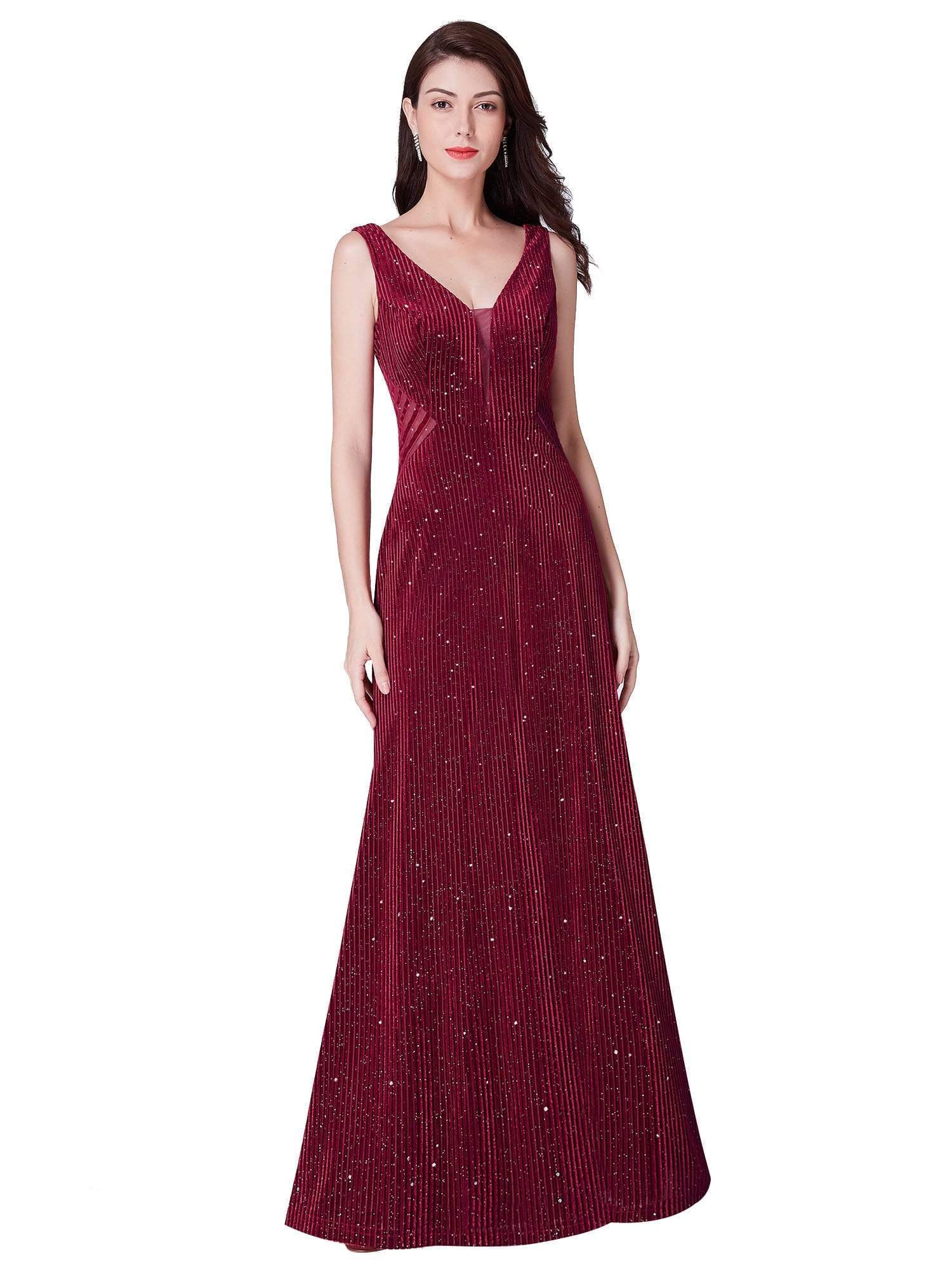 Color=Burgundy | Shimmery Long Evening Dress With Sheer Panels-Burgundy 2 Color=Burgundy | Shimmery Long Evening Dress With Sheer Panels-Burgundy 2