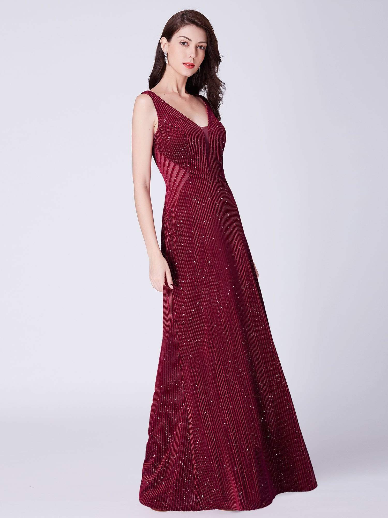 Color=Burgundy | Shimmery Long Evening Dress With Sheer Panels-Burgundy 4 Color=Burgundy | Shimmery Long Evening Dress With Sheer Panels-Burgundy 4
