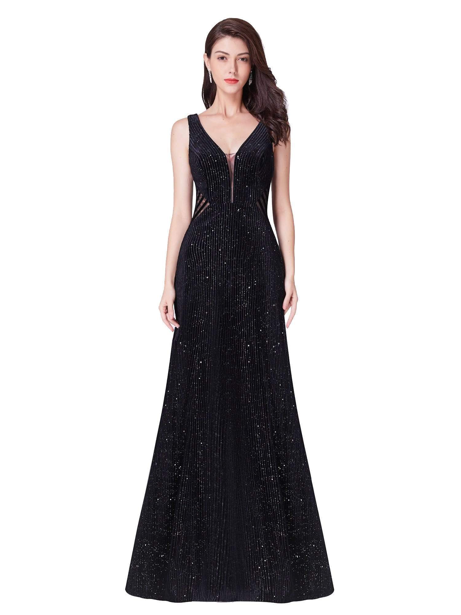 Color=Black | Shimmery Long Evening Dress With Sheer Panels-Black 2 Color=Black | Shimmery Long Evening Dress With Sheer Panels-Black 2