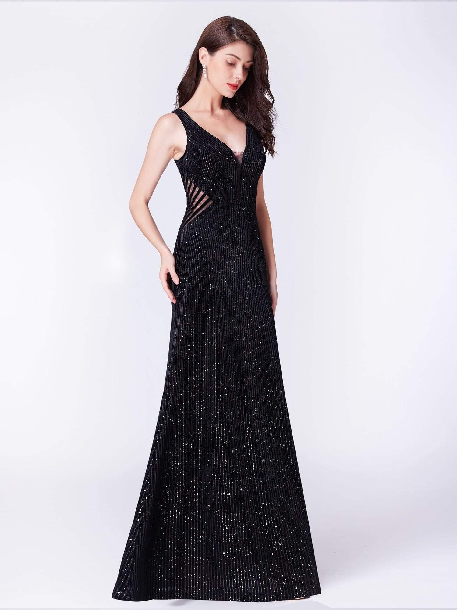 Color=Black | Shimmery Long Evening Dress With Sheer Panels-Black 4 Color=Black | Shimmery Long Evening Dress With Sheer Panels-Black 4