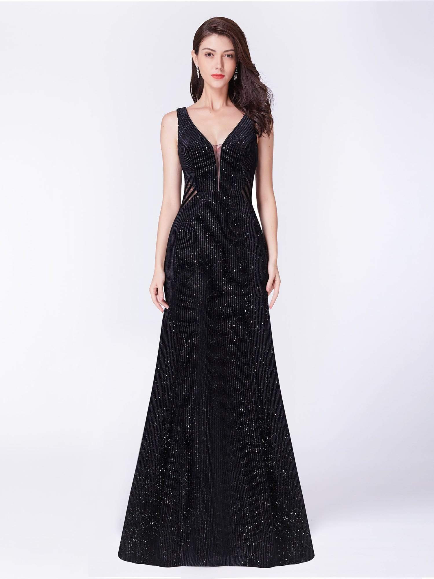 Color=Black | Shimmery Long Evening Dress With Sheer Panels-Black 1 Color=Black | Shimmery Long Evening Dress With Sheer Panels-Black 1