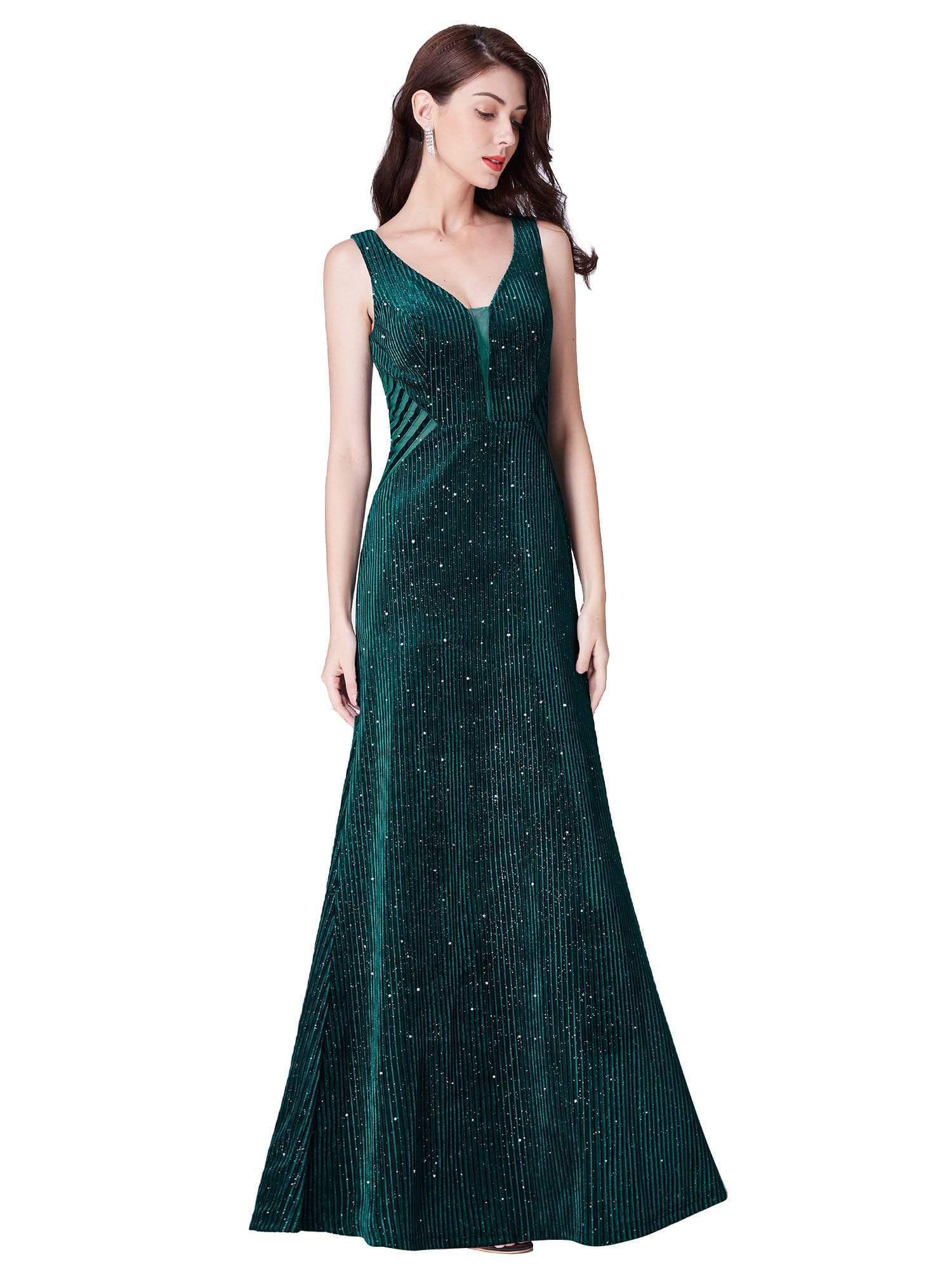 Color=Dark Green | Shimmery Long Evening Dress With Sheer Panels-Dark Green 2 Color=Dark Green | Shimmery Long Evening Dress With Sheer Panels-Dark Green 2