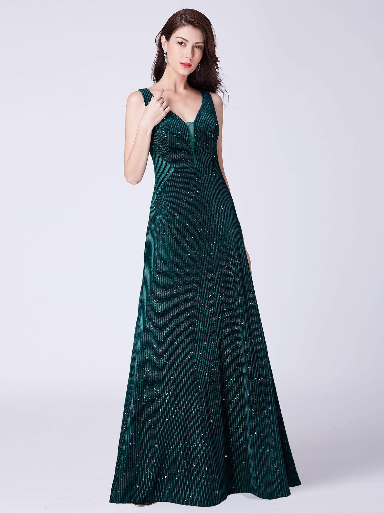 Color=Dark Green | Shimmery Long Evening Dress With Sheer Panels-Dark Green 4 Color=Dark Green | Shimmery Long Evening Dress With Sheer Panels-Dark Green 4