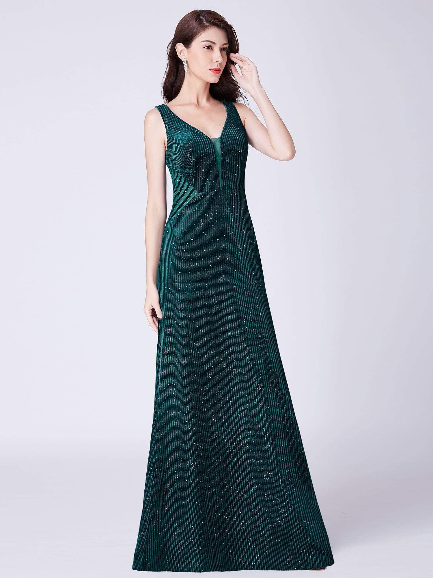 Color=Dark Green | Shimmery Long Evening Dress With Sheer Panels-Dark Green 5 Color=Dark Green | Shimmery Long Evening Dress With Sheer Panels-Dark Green 5