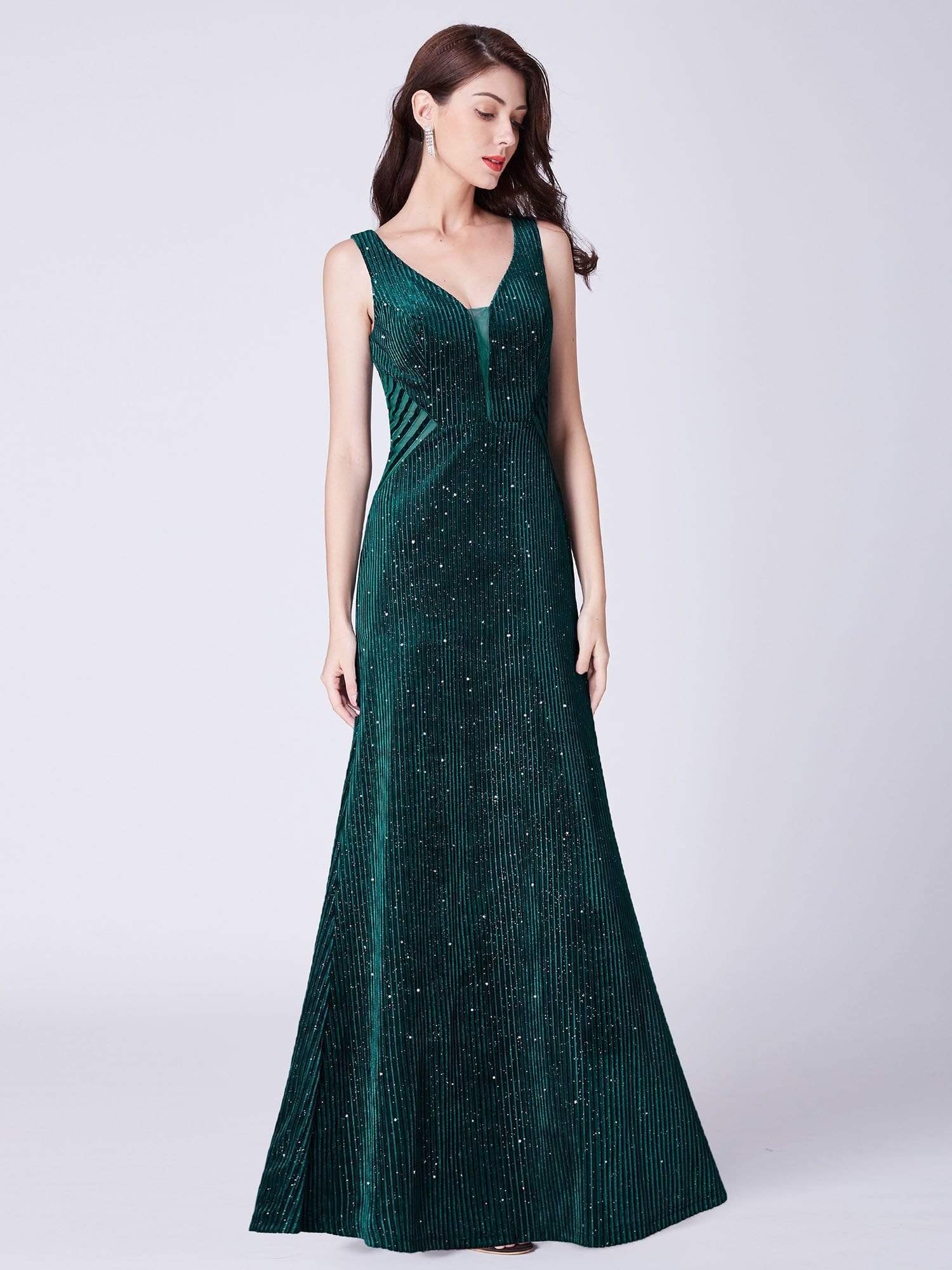 Color=Dark Green | Shimmery Long Evening Dress With Sheer Panels-Dark Green 1 Color=Dark Green | Shimmery Long Evening Dress With Sheer Panels-Dark Green 1