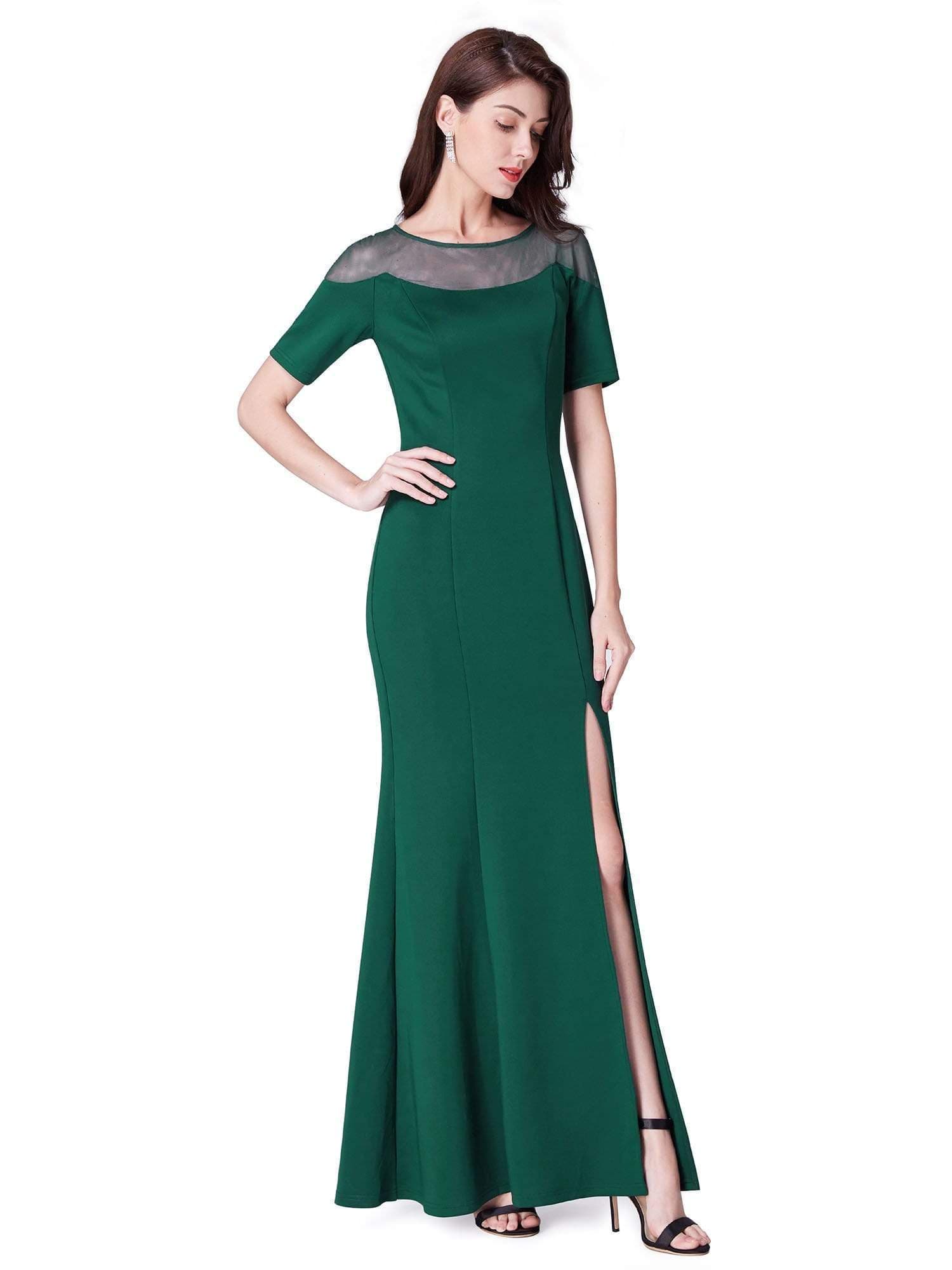 Color=Dark Green | Half Sleeve Floor Length Evening Dress With Slit-Dark Green 2 Color=Dark Green | Half Sleeve Floor Length Evening Dress With Slit-Dark Green 2