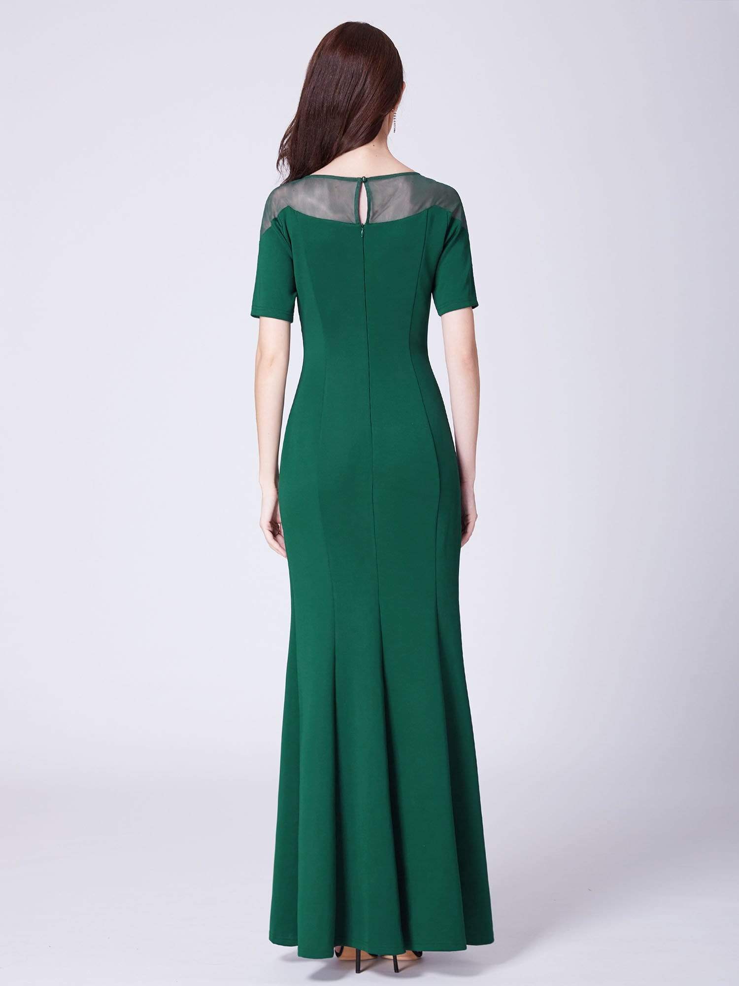 Color=Dark Green | Half Sleeve Floor Length Evening Dress With Slit-Dark Green 3 Color=Dark Green | Half Sleeve Floor Length Evening Dress With Slit-Dark Green 3
