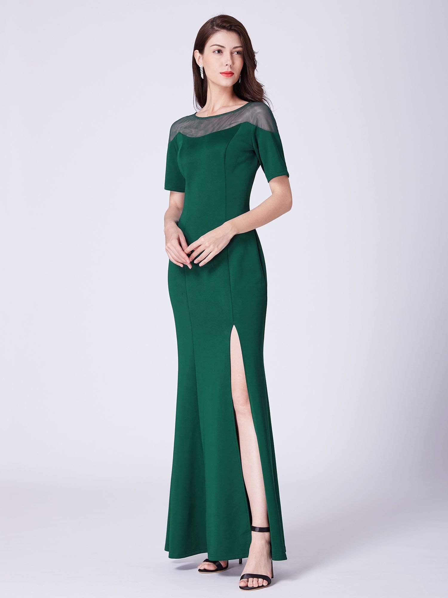 Color=Dark Green | Half Sleeve Floor Length Evening Dress With Slit-Dark Green 4 Color=Dark Green | Half Sleeve Floor Length Evening Dress With Slit-Dark Green 4