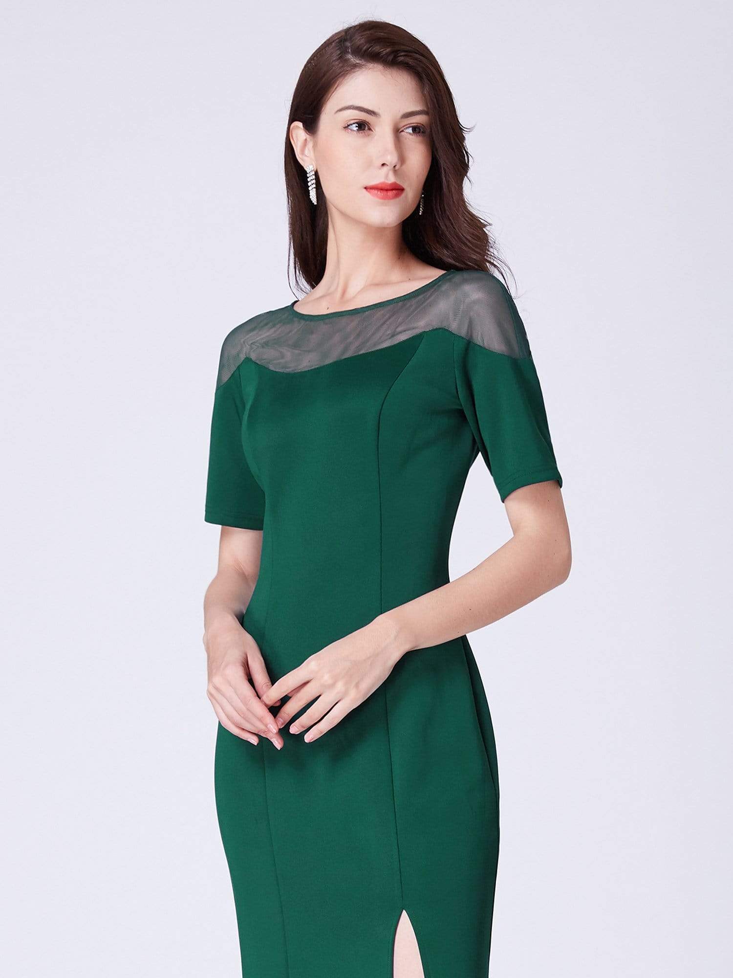 Color=Dark Green | Half Sleeve Floor Length Evening Dress With Slit-Dark Green 6 Color=Dark Green | Half Sleeve Floor Length Evening Dress With Slit-Dark Green 6