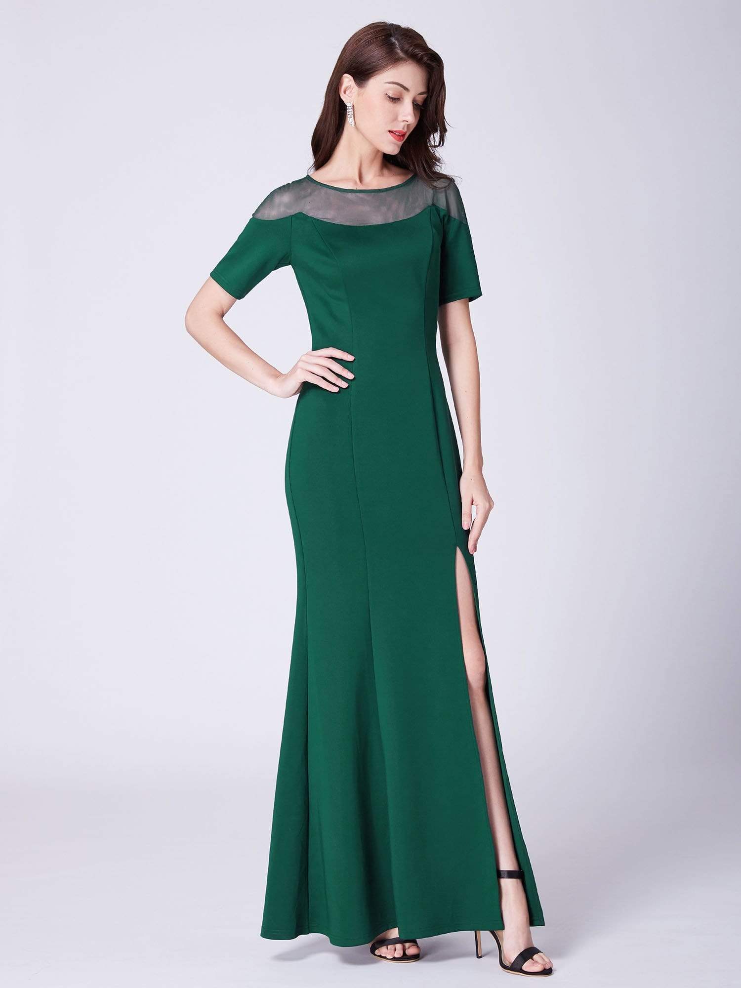 Color=Dark Green | Half Sleeve Floor Length Evening Dress With Slit-Dark Green 1 Color=Dark Green | Half Sleeve Floor Length Evening Dress With Slit-Dark Green 1