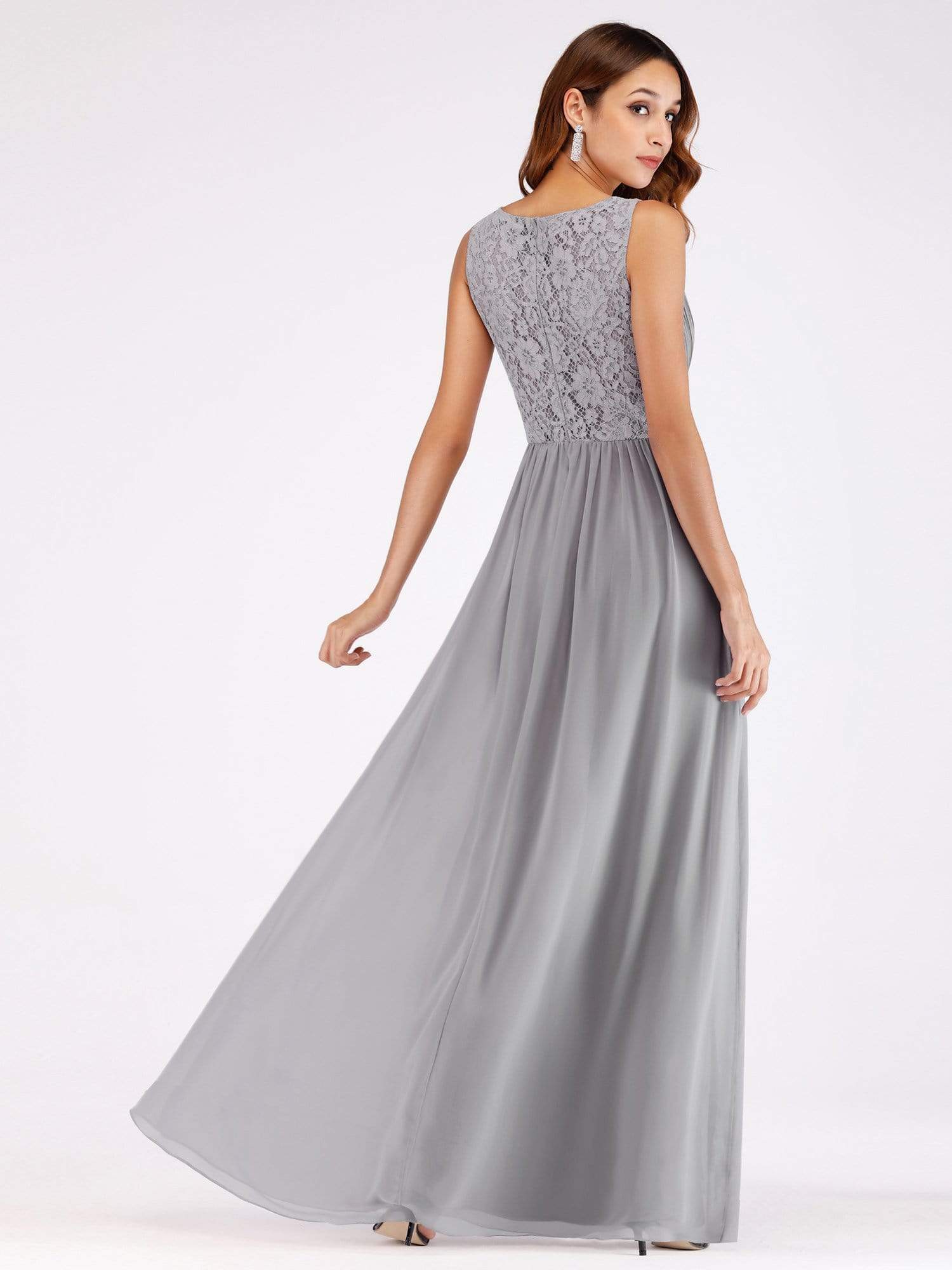 Color=Grey | V Neck Ruched Bust Long Evening Dress-Grey 2 Color=Grey | V Neck Ruched Bust Long Evening Dress-Grey 2