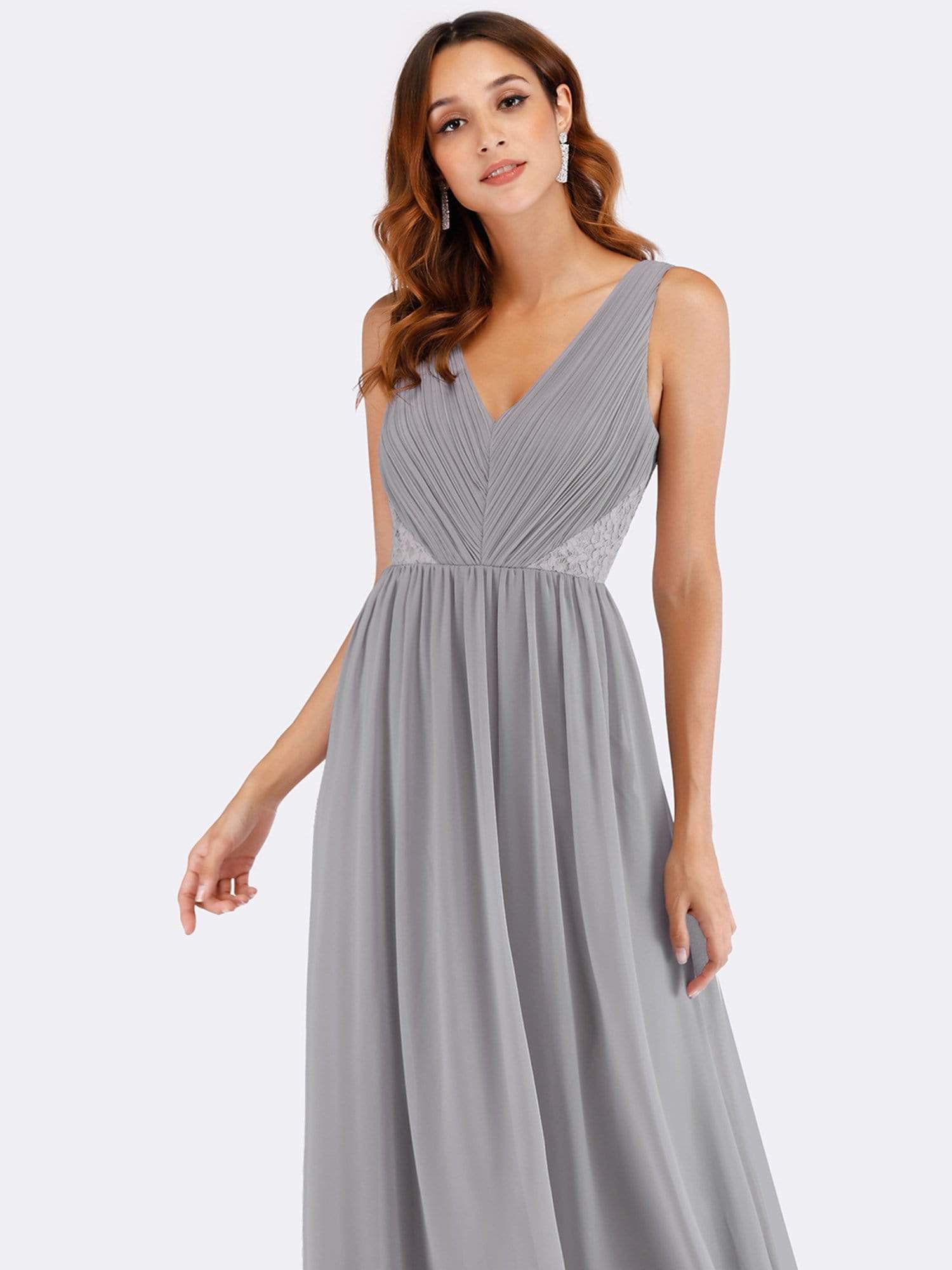 Color=Grey | V Neck Ruched Bust Long Evening Dress-Grey 4 Color=Grey | V Neck Ruched Bust Long Evening Dress-Grey 4