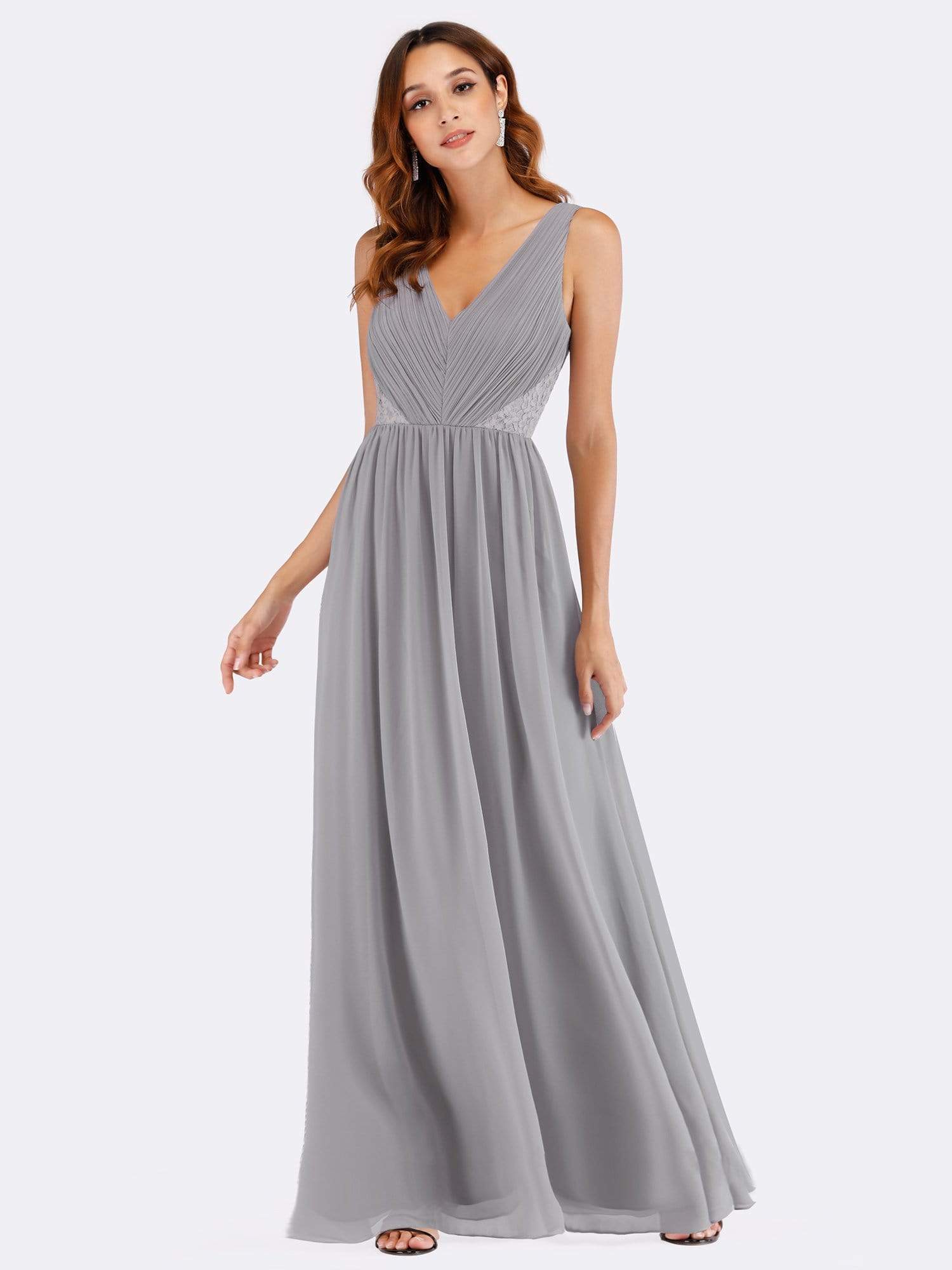 Color=Grey | V Neck Ruched Bust Long Evening Dress-Grey 1 Color=Grey | V Neck Ruched Bust Long Evening Dress-Grey 1