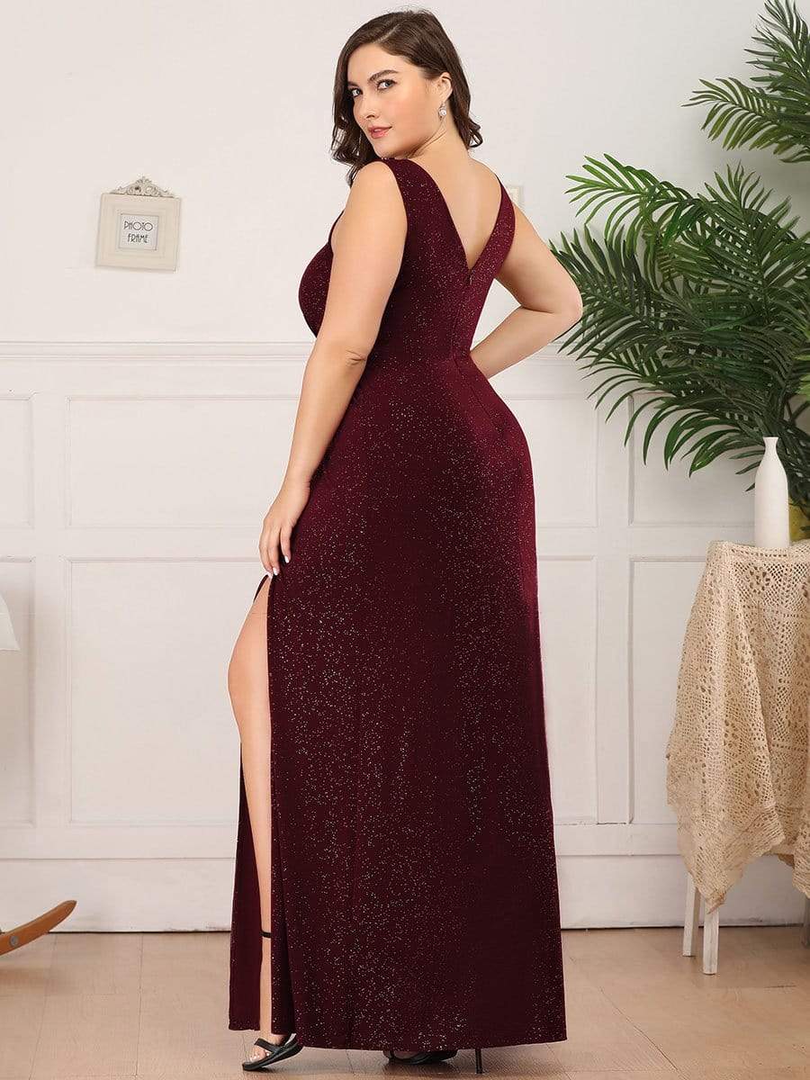 COLOR=Burgundy | Shiny V Neck Floor Length Plus Size Evening Dresses with Side Split-Burgundy 2 COLOR=Burgundy | Shiny V Neck Floor Length Plus Size Evening Dresses with Side Split-Burgundy 2