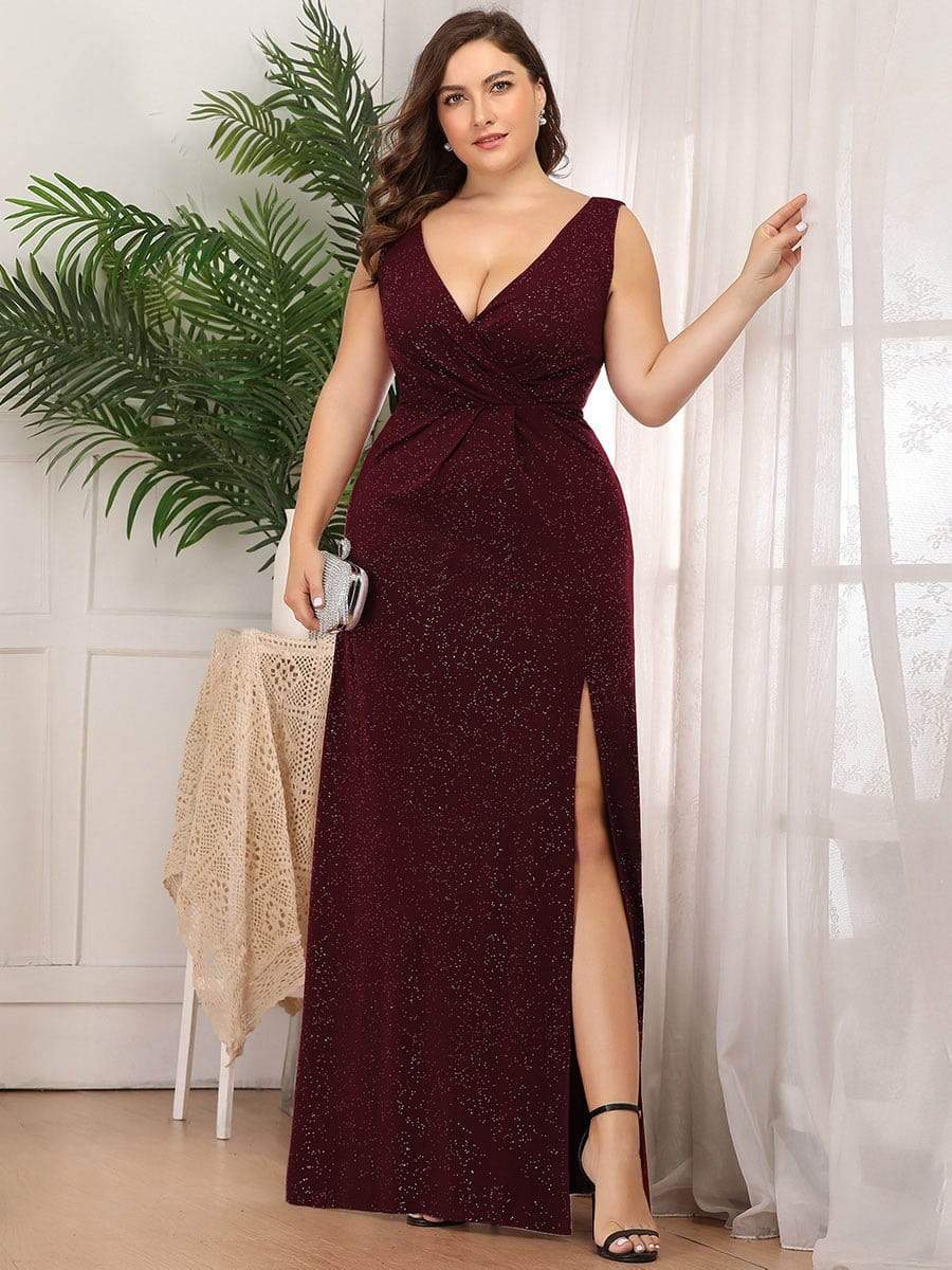 COLOR=Burgundy | Shiny V Neck Floor Length Plus Size Evening Dresses with Side Split-Burgundy 4 COLOR=Burgundy | Shiny V Neck Floor Length Plus Size Evening Dresses with Side Split-Burgundy 4