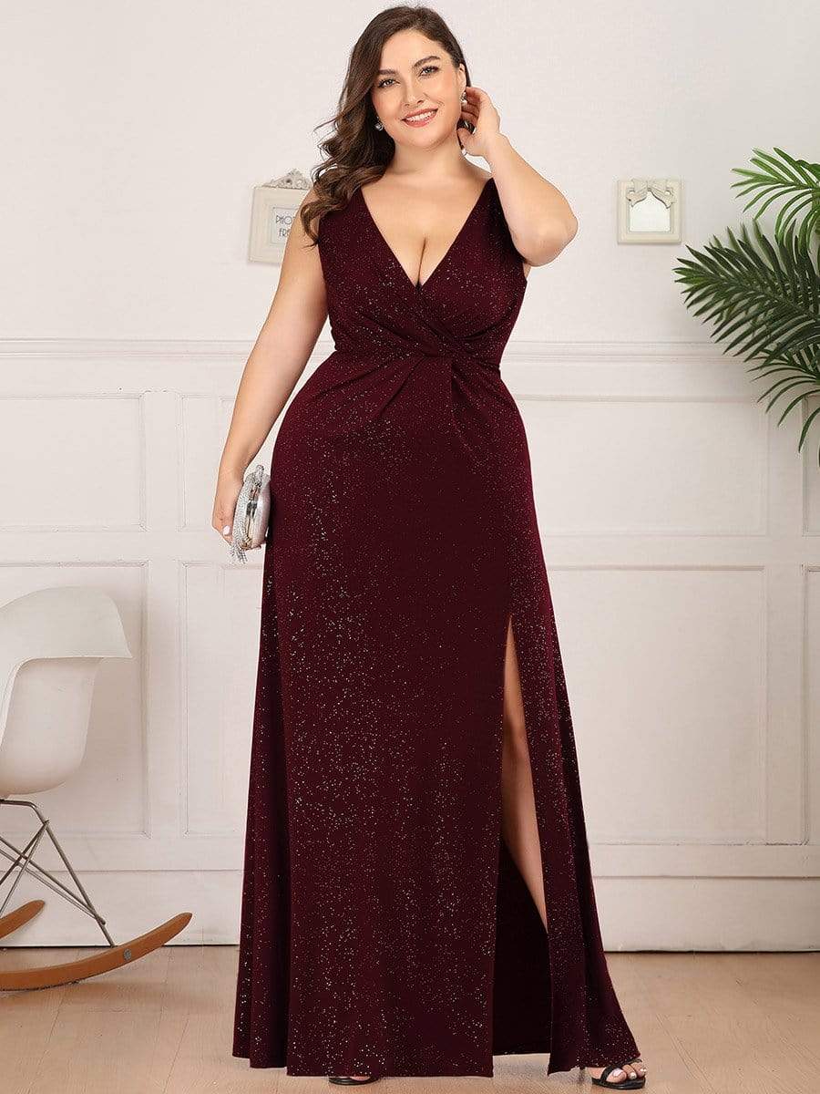COLOR=Burgundy | Shiny V Neck Floor Length Plus Size Evening Dresses with Side Split-Burgundy 1 COLOR=Burgundy | Shiny V Neck Floor Length Plus Size Evening Dresses with Side Split-Burgundy 1