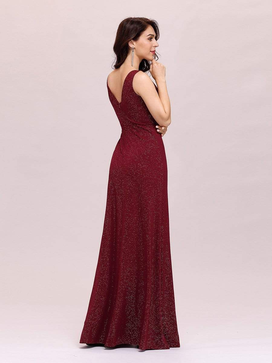 COLOR=Burgundy | Floor Length V Neck Shimmery Evening Dress-Burgundy 2 COLOR=Burgundy | Floor Length V Neck Shimmery Evening Dress-Burgundy 2
