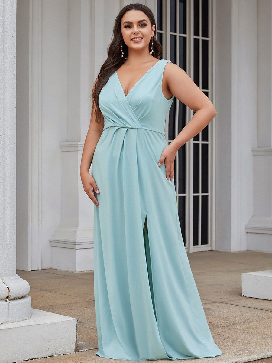 COLOR=Sky Blue | Shiny V Neck Floor Length Plus Size Evening Dresses with Side Split-Sky Blue 3 COLOR=Sky Blue | Shiny V Neck Floor Length Plus Size Evening Dresses with Side Split-Sky Blue 3