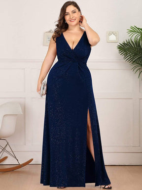 COLOR=Navy Blue | Floor Length V Neck Shimmery Evening Dress-Navy Blue 5