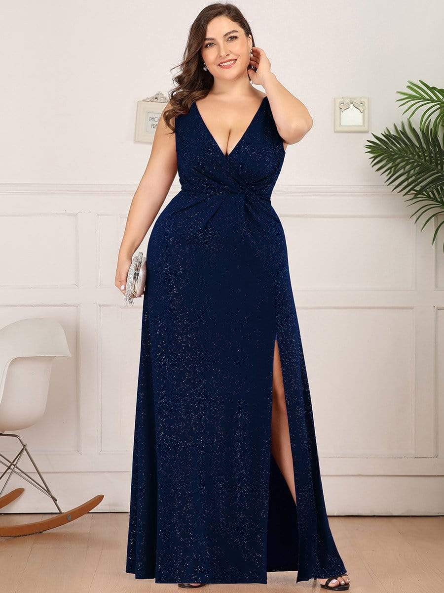 COLOR=Navy Blue | Shiny V Neck Floor Length Plus Size Evening Dresses with Side Split-Navy Blue 1 COLOR=Navy Blue | Shiny V Neck Floor Length Plus Size Evening Dresses with Side Split-Navy Blue 1