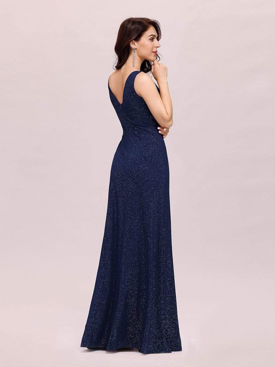 COLOR=Navy Blue | Floor Length V Neck Shimmery Evening Dress-Navy Blue 2 COLOR=Navy Blue | Floor Length V Neck Shimmery Evening Dress-Navy Blue 2