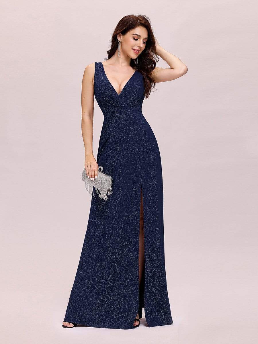 COLOR=Navy Blue | Floor Length V Neck Shimmery Evening Dress-Navy Blue 1 COLOR=Navy Blue | Floor Length V Neck Shimmery Evening Dress-Navy Blue 1