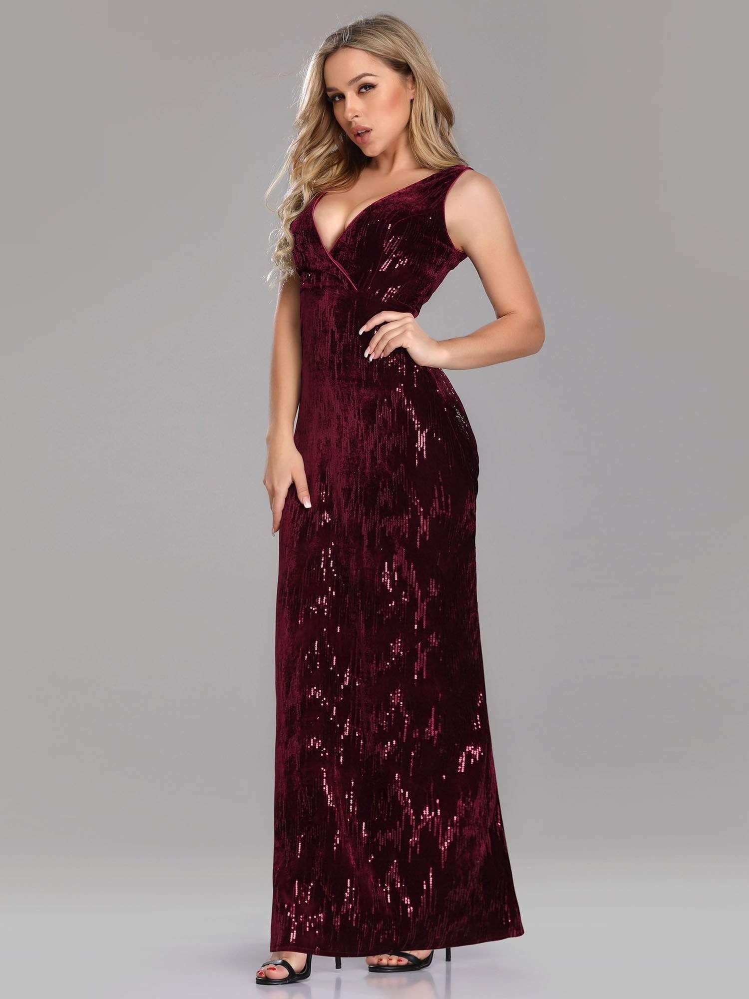 Color=Burgundy | Long V Neck Sequin & Velvet Evening Dress-Burgundy 5 Color=Burgundy | Long V Neck Sequin & Velvet Evening Dress-Burgundy 5