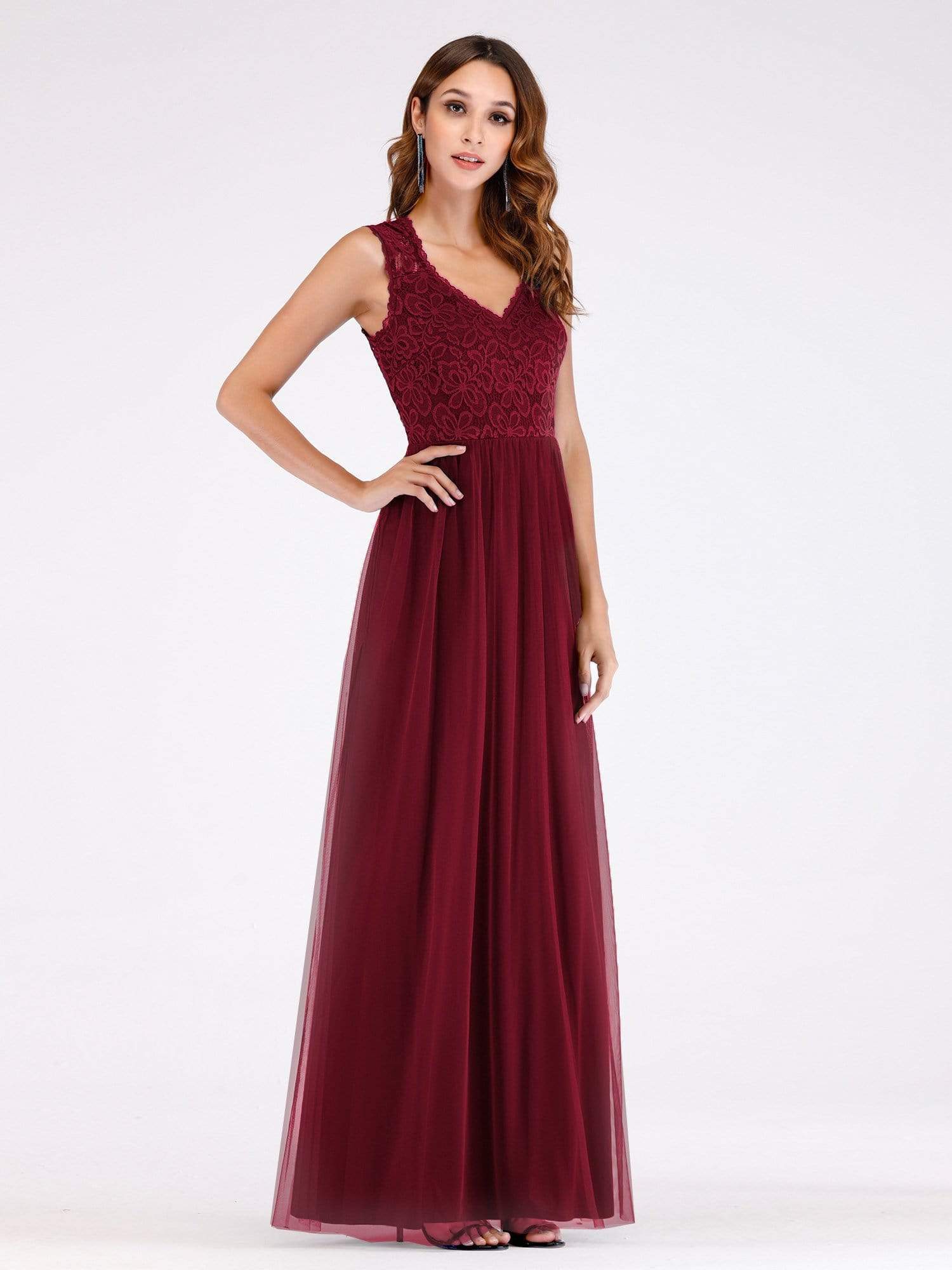 Color=Burgundy | Elegant A Line V Neck Hollow Out Long Bridesmaid Dress With Lace Bodice-Burgundy 3 Color=Burgundy | Elegant A Line V Neck Hollow Out Long Bridesmaid Dress With Lace Bodice-Burgundy 3