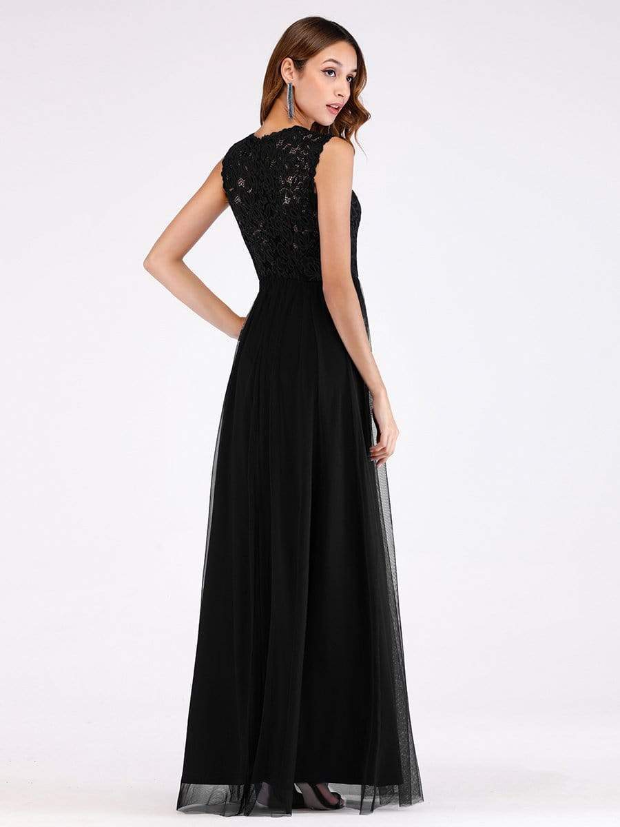 Color=Black | Elegant A Line V Neck Hollow Out Long Bridesmaid Dress With Lace Bodice-Black 2 Color=Black | Elegant A Line V Neck Hollow Out Long Bridesmaid Dress With Lace Bodice-Black 2