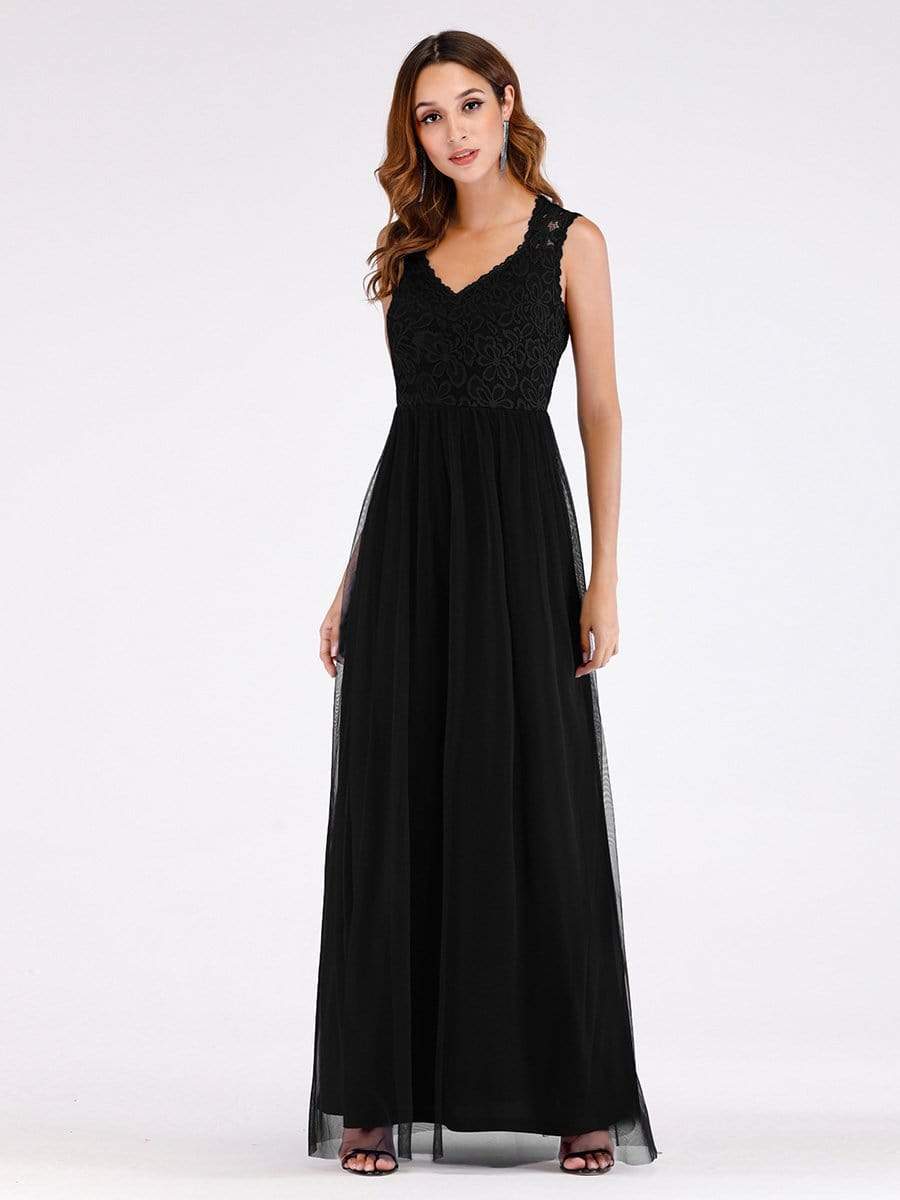Color=Black | Elegant A Line V Neck Hollow Out Long Bridesmaid Dress With Lace Bodice-Black 4 Color=Black | Elegant A Line V Neck Hollow Out Long Bridesmaid Dress With Lace Bodice-Black 4