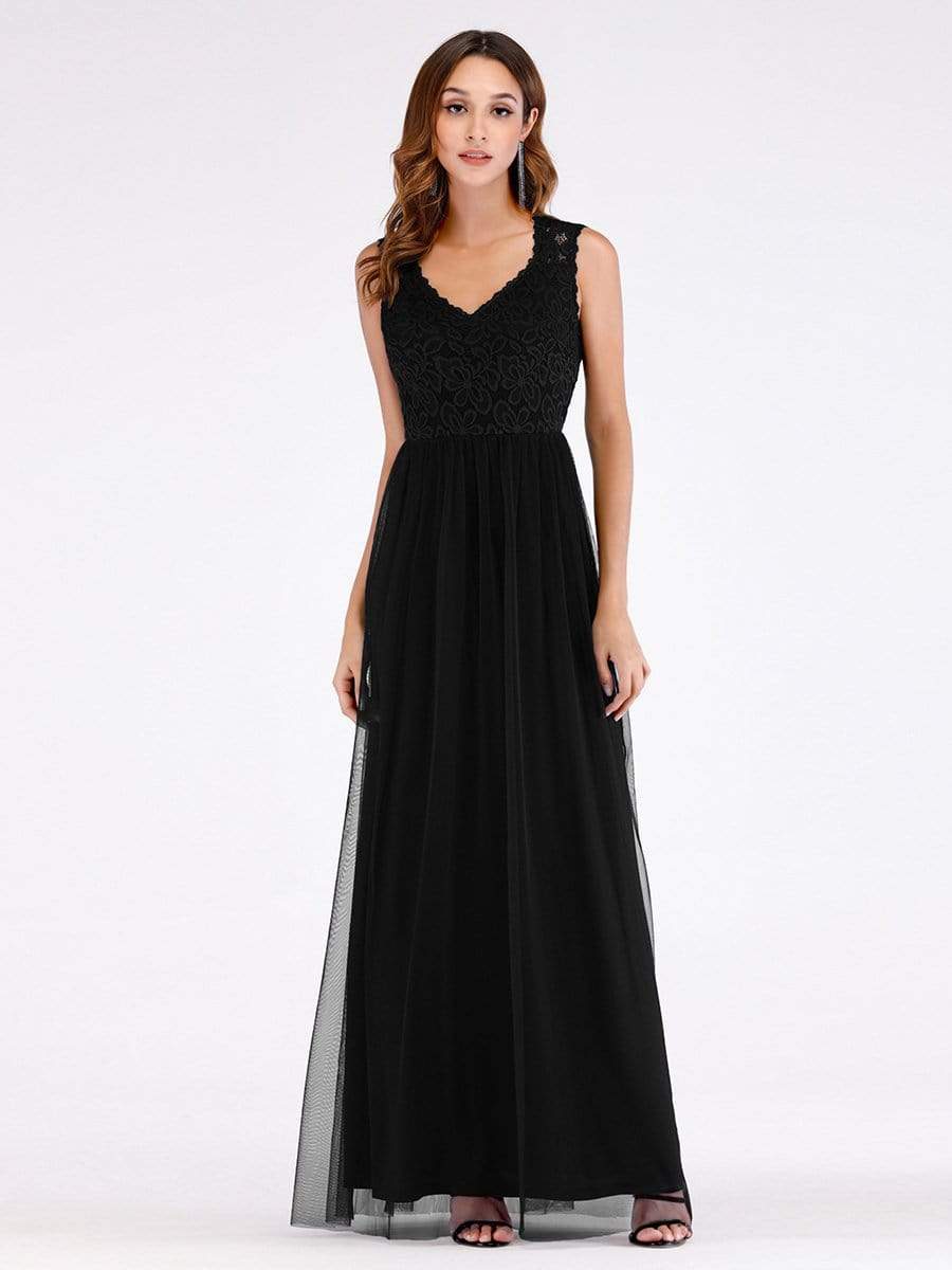 Color=Black | Elegant A Line V Neck Hollow Out Long Bridesmaid Dress With Lace Bodice-Black 1 Color=Black | Elegant A Line V Neck Hollow Out Long Bridesmaid Dress With Lace Bodice-Black 1