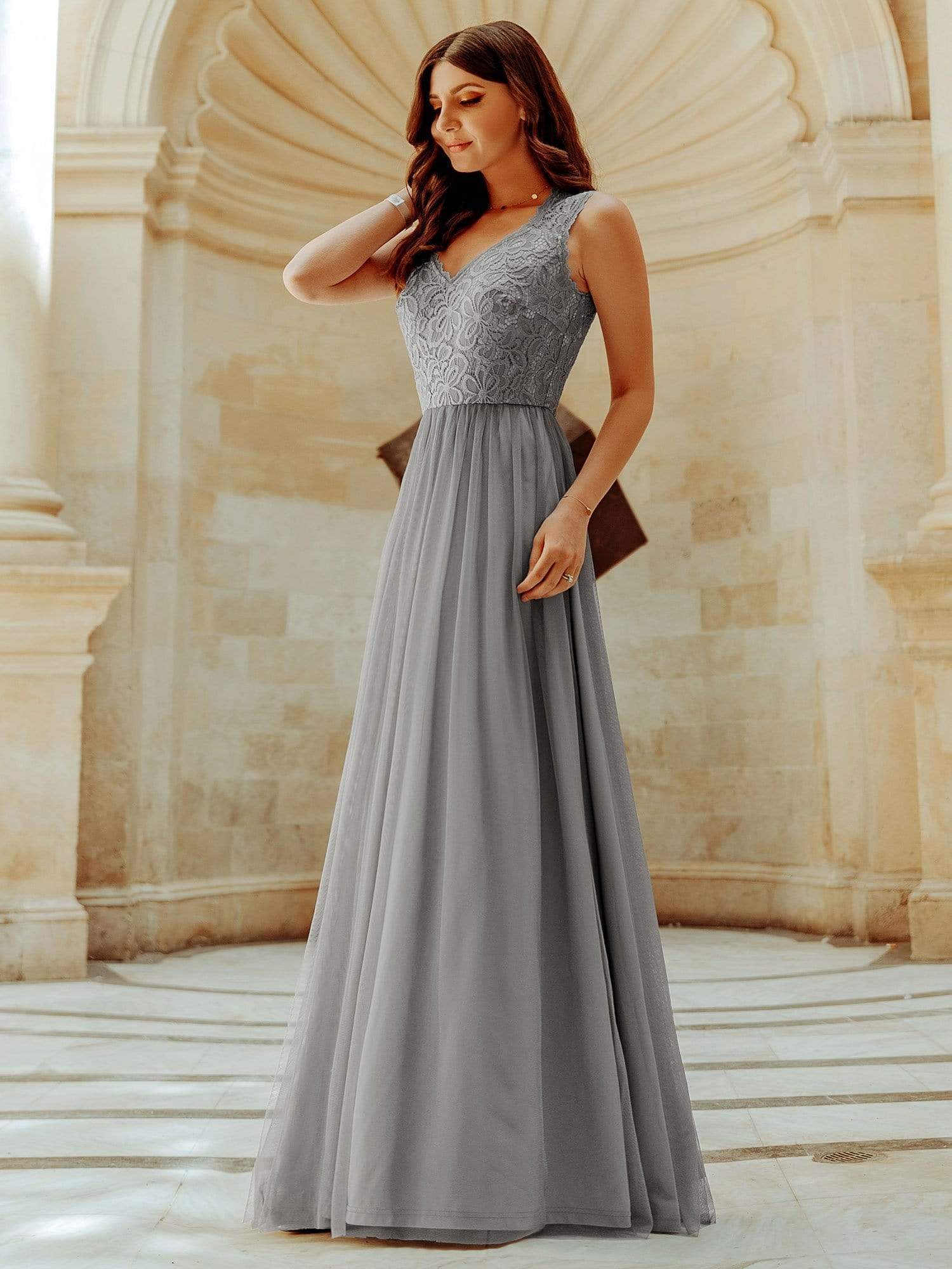 Color=Grey | Elegant A Line V Neck Hollow Out Long Bridesmaid Dress With Lace Bodice-Grey 3 Color=Grey | Elegant A Line V Neck Hollow Out Long Bridesmaid Dress With Lace Bodice-Grey 3