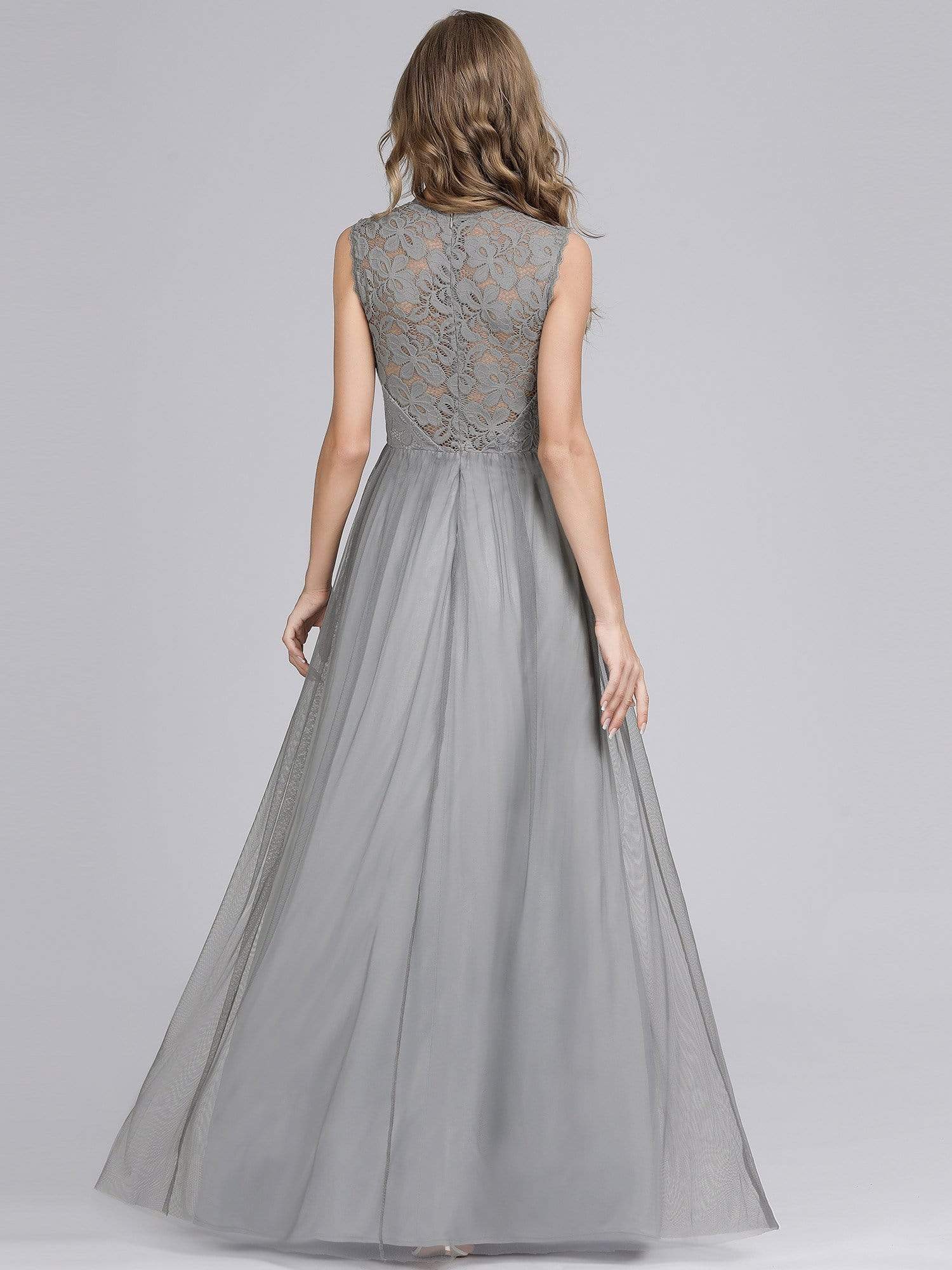 Color=Grey | Elegant A Line V Neck Hollow Out Long Bridesmaid Dress With Lace Bodice-Grey 8 Color=Grey | Elegant A Line V Neck Hollow Out Long Bridesmaid Dress With Lace Bodice-Grey 8