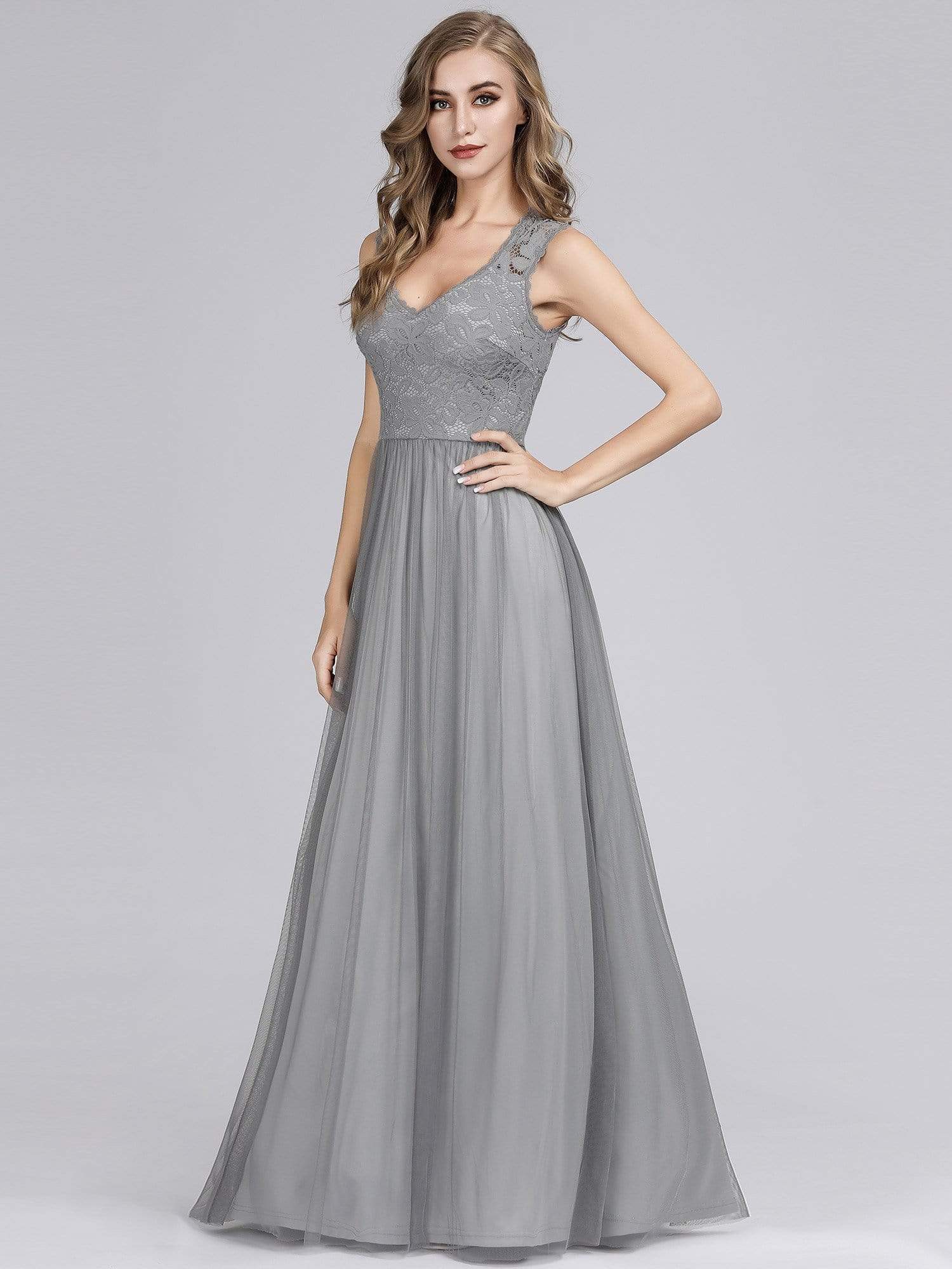 Color=Grey | Elegant A Line V Neck Hollow Out Long Bridesmaid Dress With Lace Bodice-Grey 5 Color=Grey | Elegant A Line V Neck Hollow Out Long Bridesmaid Dress With Lace Bodice-Grey 5