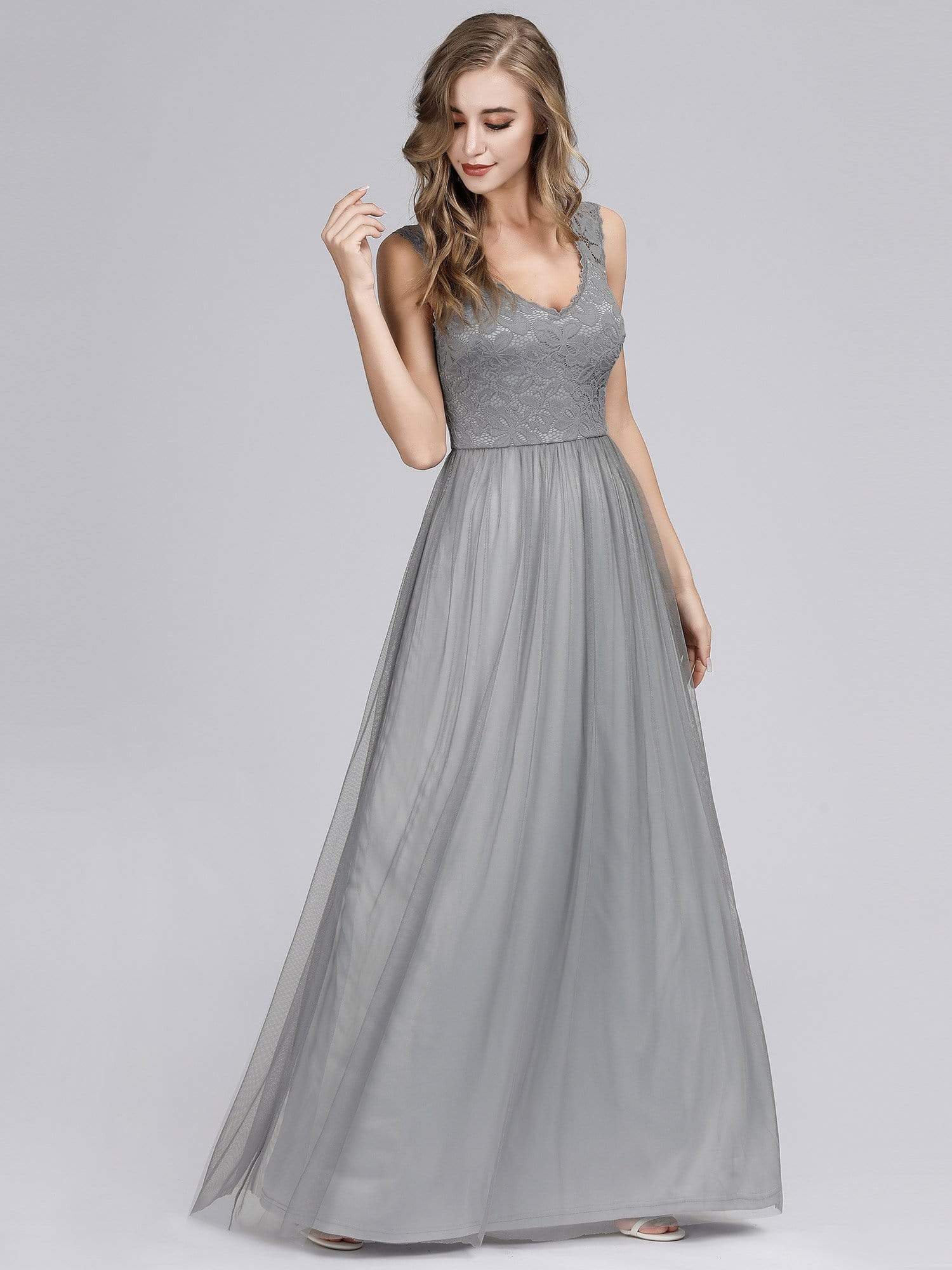 Color=Grey | Elegant A Line V Neck Hollow Out Long Bridesmaid Dress With Lace Bodice-Grey 6 Color=Grey | Elegant A Line V Neck Hollow Out Long Bridesmaid Dress With Lace Bodice-Grey 6
