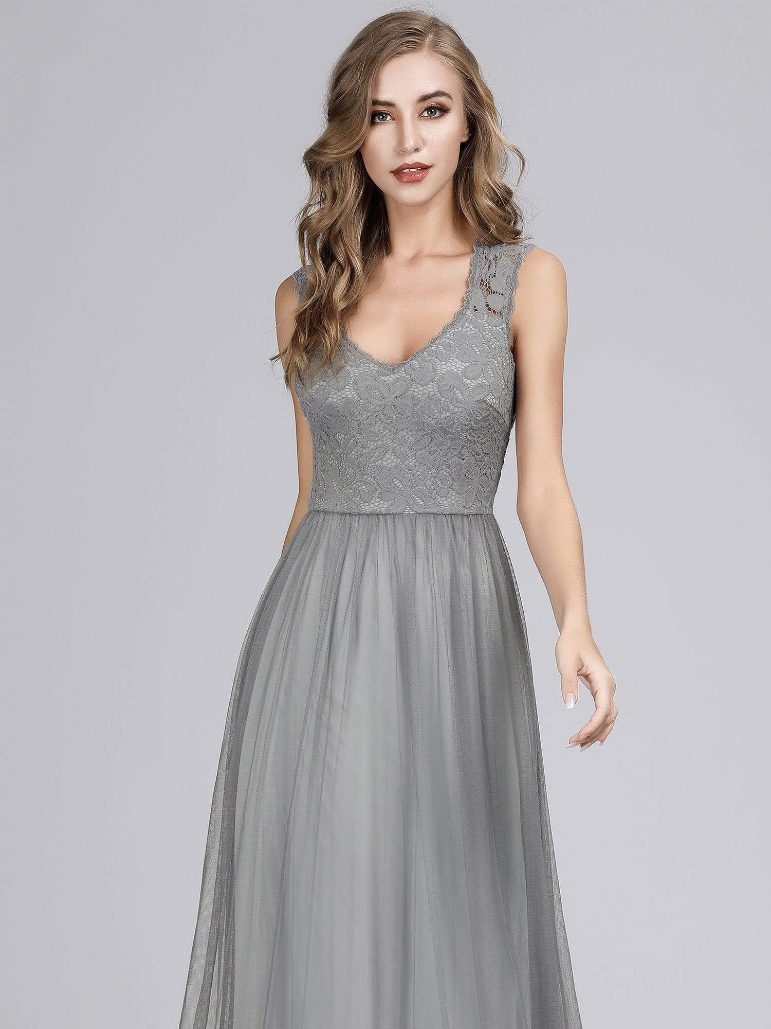 Color=Grey | Elegant A Line V Neck Hollow Out Long Bridesmaid Dress With Lace Bodice-Grey 7 Color=Grey | Elegant A Line V Neck Hollow Out Long Bridesmaid Dress With Lace Bodice-Grey 7