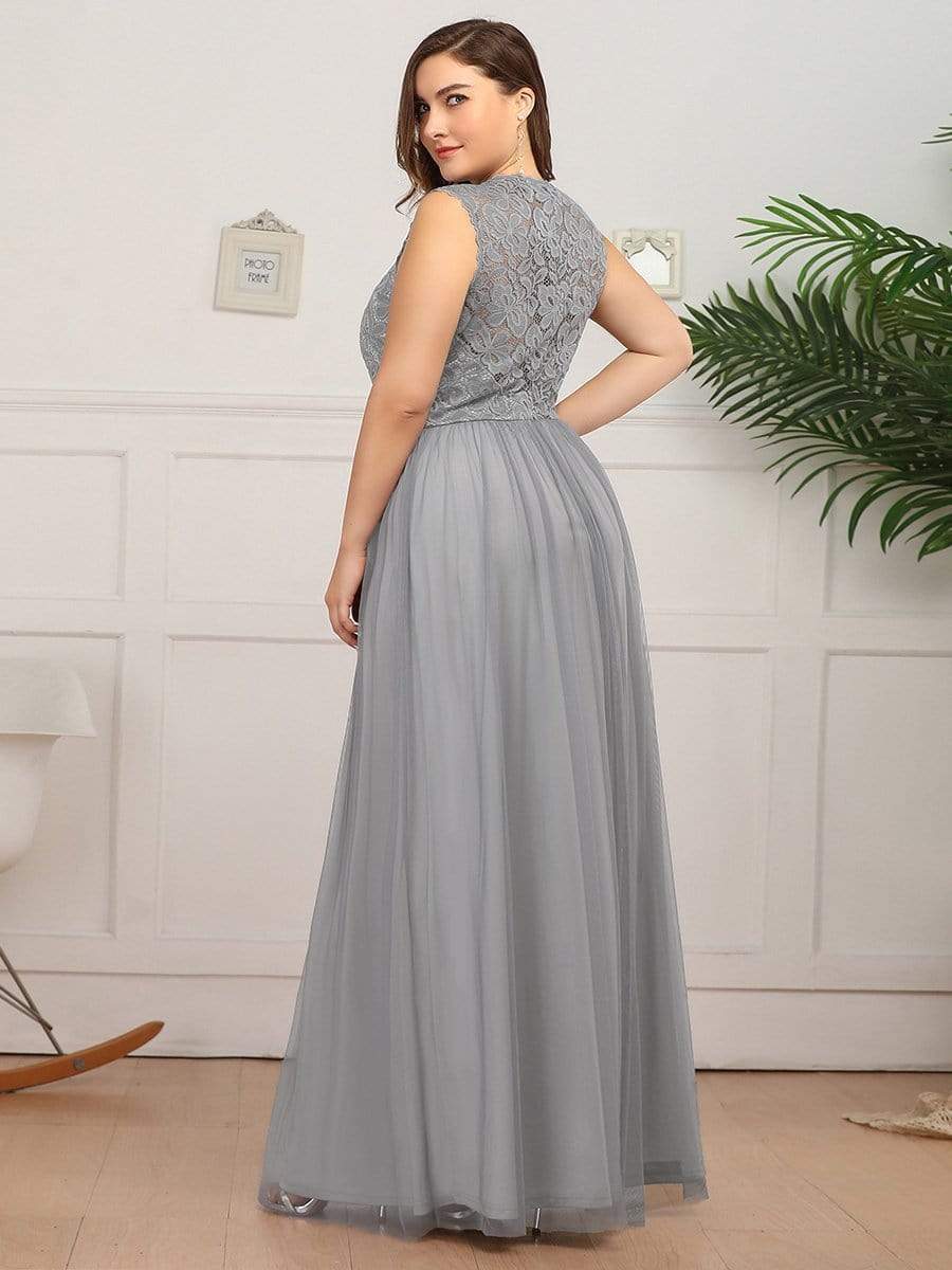Color=Grey | Plus Size Elegant A Line V Neck Hollow Out Long Bridesmaid Dress With Lace Bodice-Grey 2 Color=Grey | Plus Size Elegant A Line V Neck Hollow Out Long Bridesmaid Dress With Lace Bodice-Grey 2