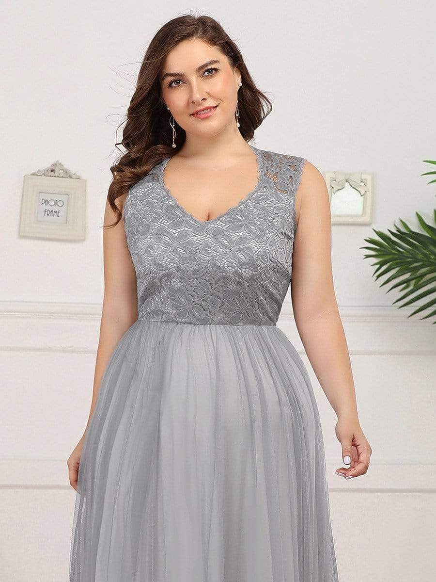 Color=Grey | Elegant A Line V Neck Hollow Out Long Bridesmaid Dress With Lace Bodice-Grey 13 Color=Grey | Elegant A Line V Neck Hollow Out Long Bridesmaid Dress With Lace Bodice-Grey 13