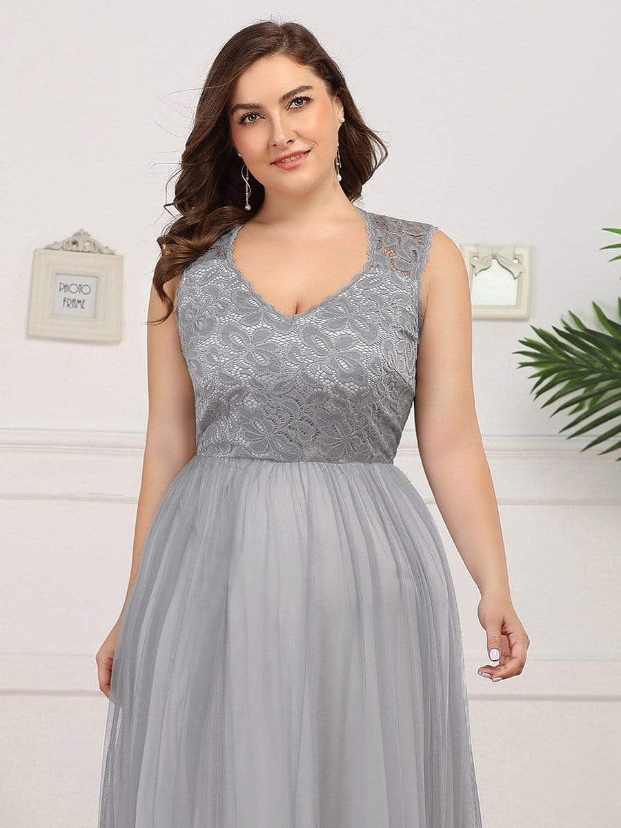 Color=Grey | Plus Size Elegant A Line V Neck Hollow Out Long Bridesmaid Dress With Lace Bodice-Grey 5 Color=Grey | Plus Size Elegant A Line V Neck Hollow Out Long Bridesmaid Dress With Lace Bodice-Grey 5
