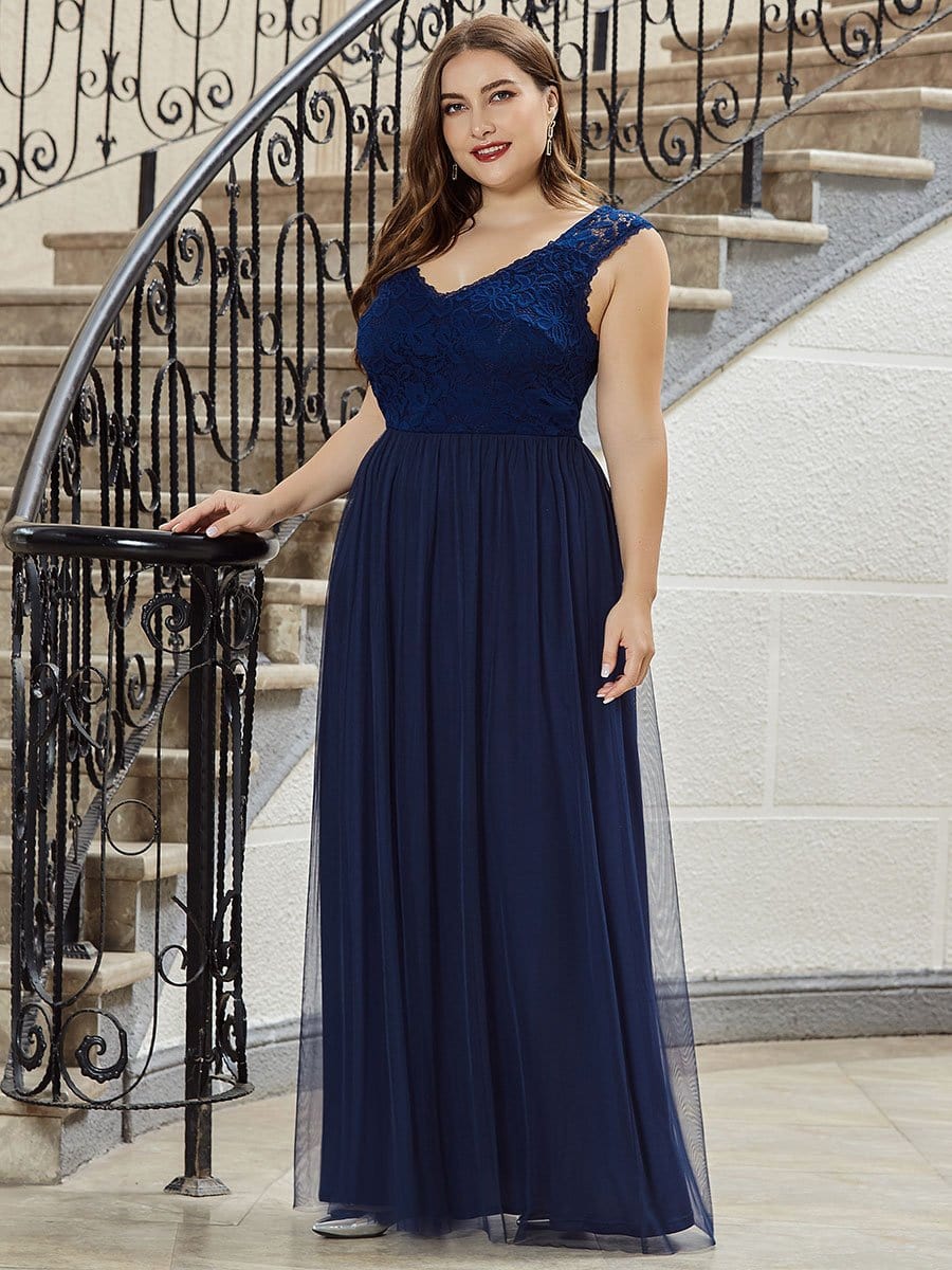 Color=Navy Blue | Plus Size Elegant A Line V Neck Hollow Out Long Bridesmaid Dress With Lace Bodice-Navy Blue 3 Color=Navy Blue | Plus Size Elegant A Line V Neck Hollow Out Long Bridesmaid Dress With Lace Bodice-Navy Blue 3